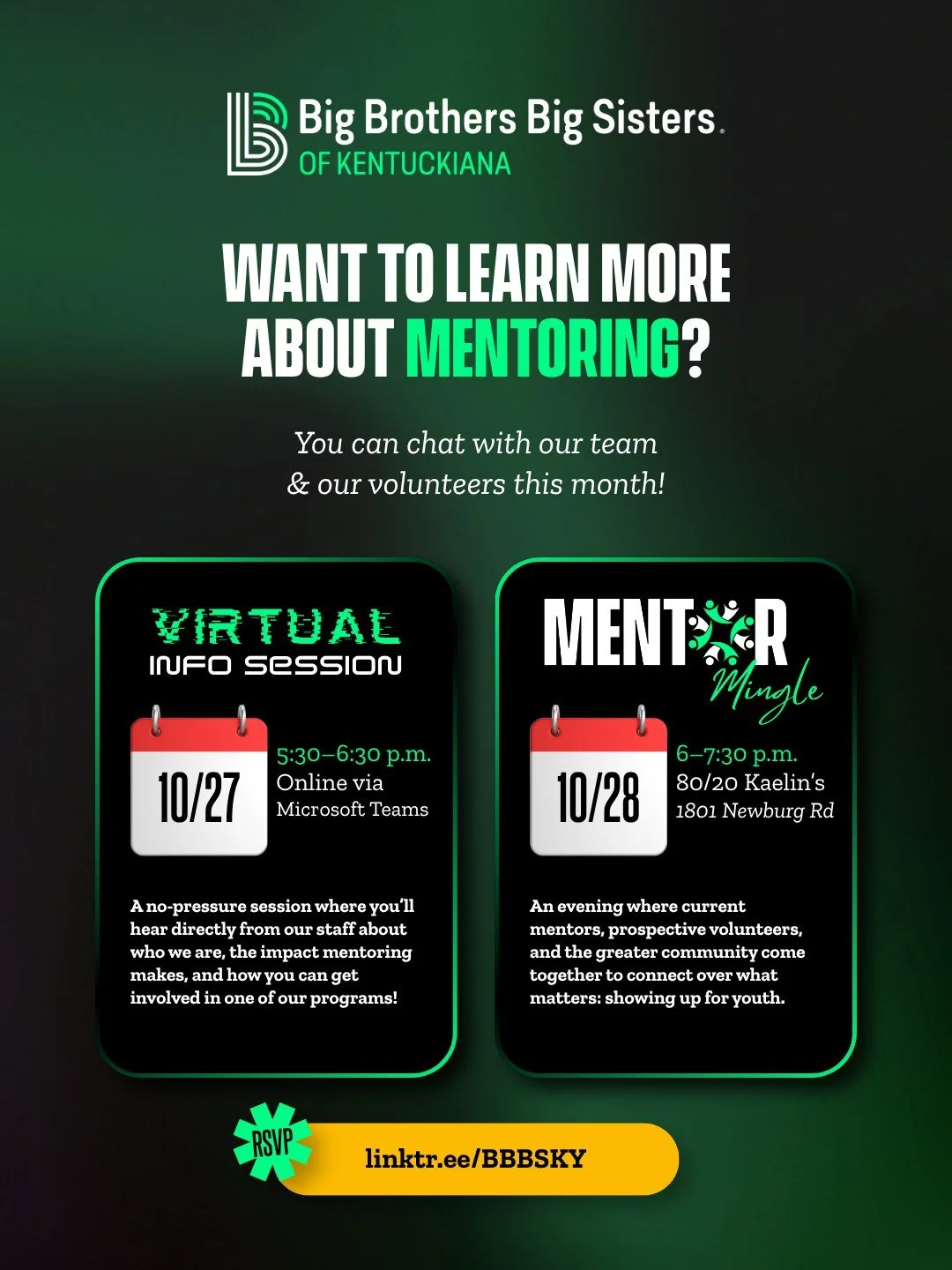 If you're interested in volunteering with Big Brothers Big Sisters, but just need a 𝘭𝘪𝘵𝘵𝘭𝘦 more info, we've got good news for you 👇💚

Later this month, we're hosting a virtual info session 𝘢𝘯𝘥 a Mentor Mingle! You can choose your way to en