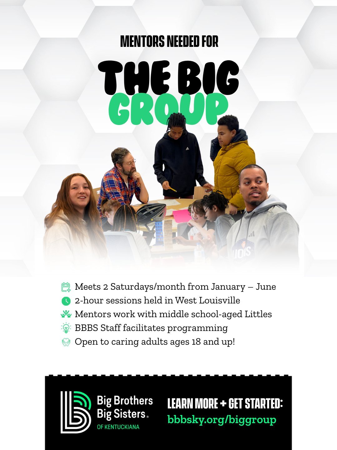 ⌛ Think you don&rsquo;t have enough time to be a mentor? Think again!

Our Big Group mentoring program returns in January, and we&rsquo;re looking for more caring adult volunteers to join us. The Big Group gives you the opportunity to build meaningfu