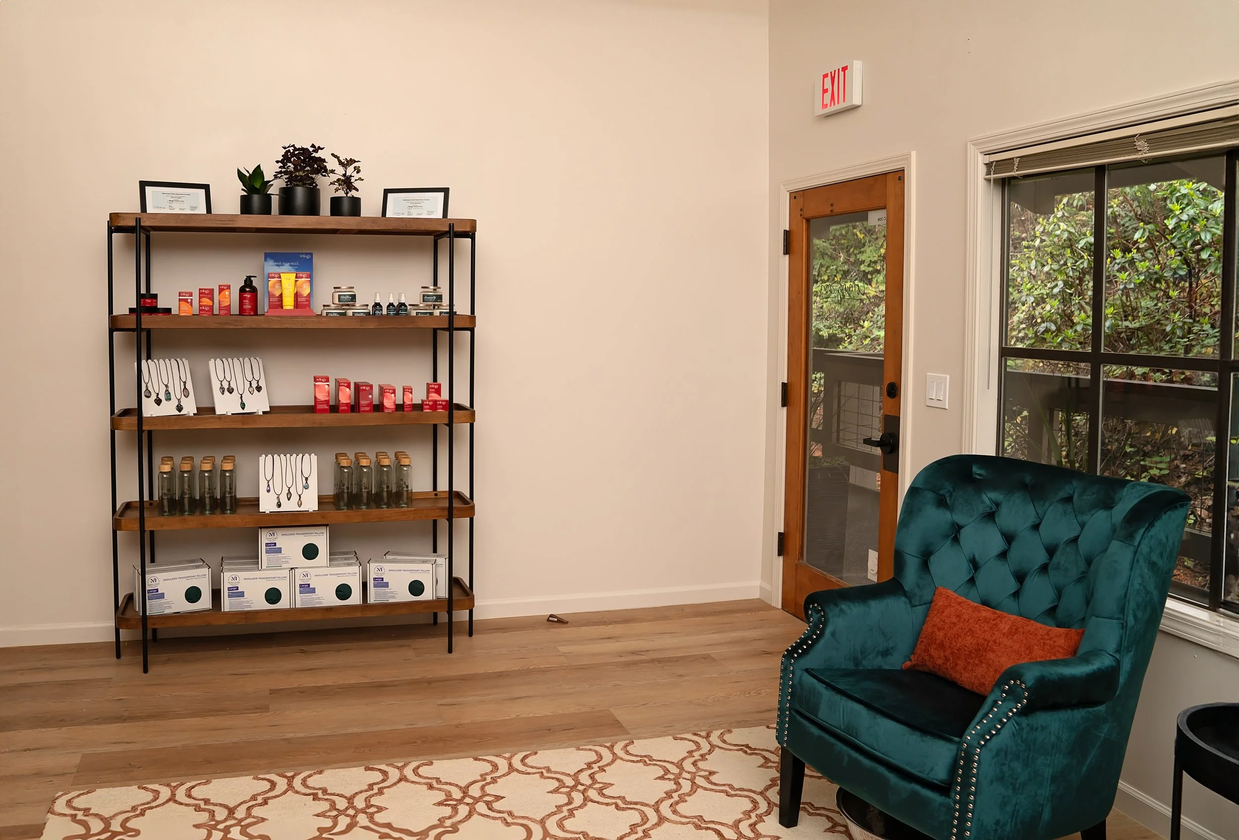 Interior of a room with a black metal and wood shelving unit displaying skincare or cosmetic products, jewelry, and boxes, next to a wooden door with a window. There is a window with a view of greenery outside, and a teal velvet armchair with a rust-colored pillow on a patterned rug. An exit sign is visible on the wall.
