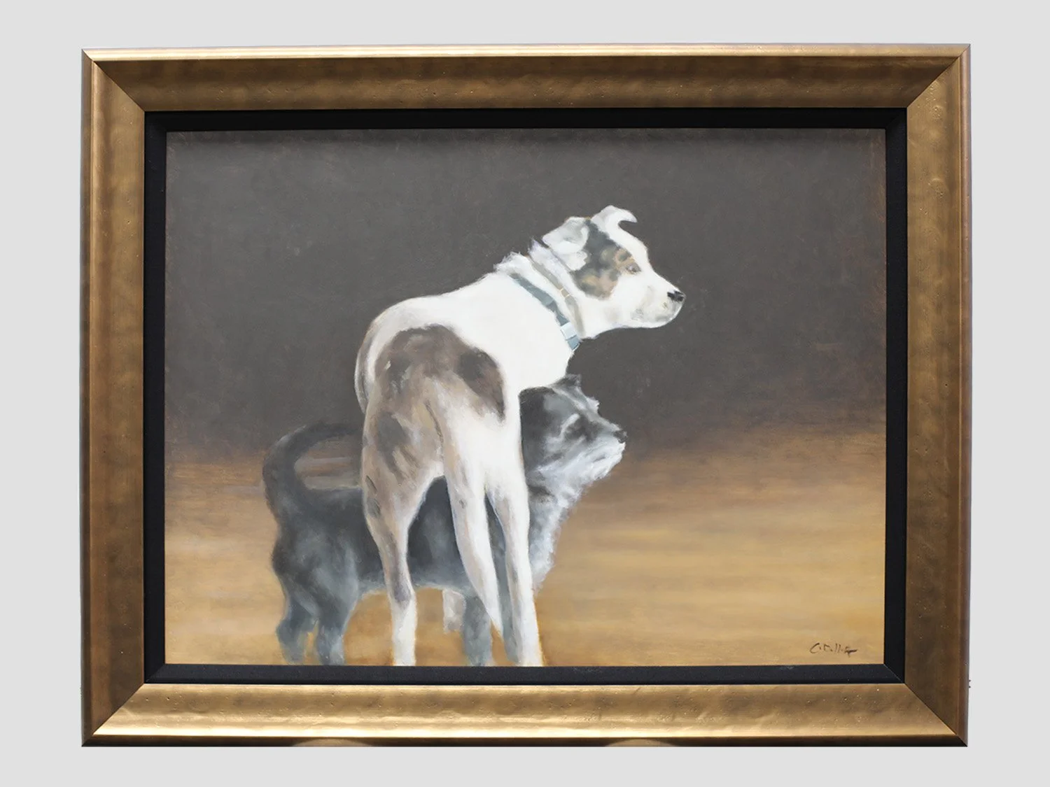 Painted dog portrait framed with black linen liner and tarnished gold finish frame.