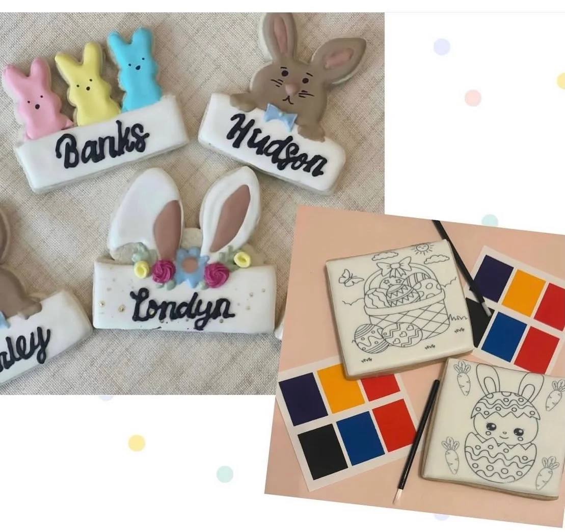 Easter Bunnies and Paint Your Own Easter Cookies are back and make the perfect personalized touch to any Easter basket! 

Personalized Easter Bunny cookies are $7/each, customizable with child&rsquo;s name and come individually packaged. 

Paint your