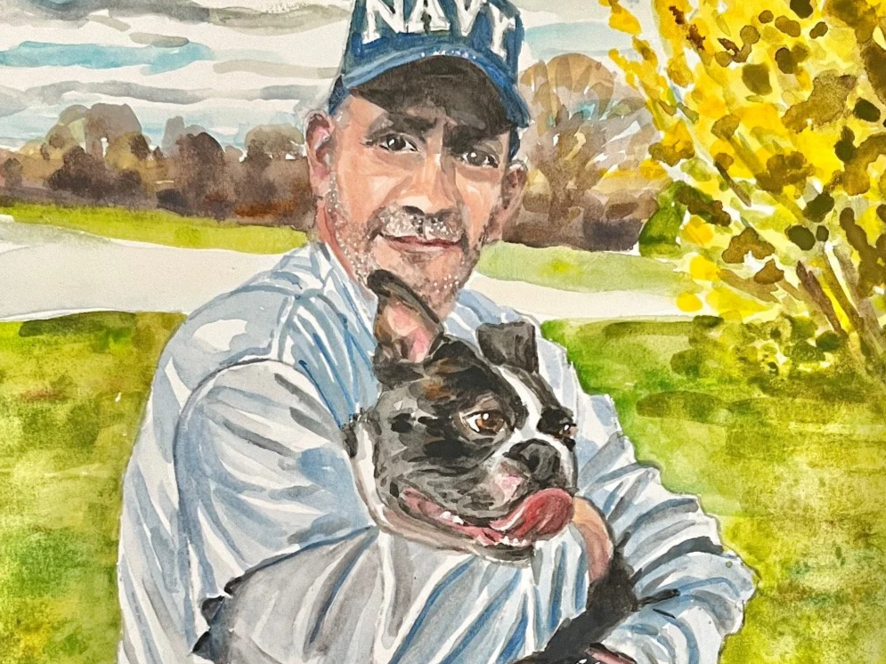 Hand painted watercolor portrait of a man and his dog that passed away for a gift idea