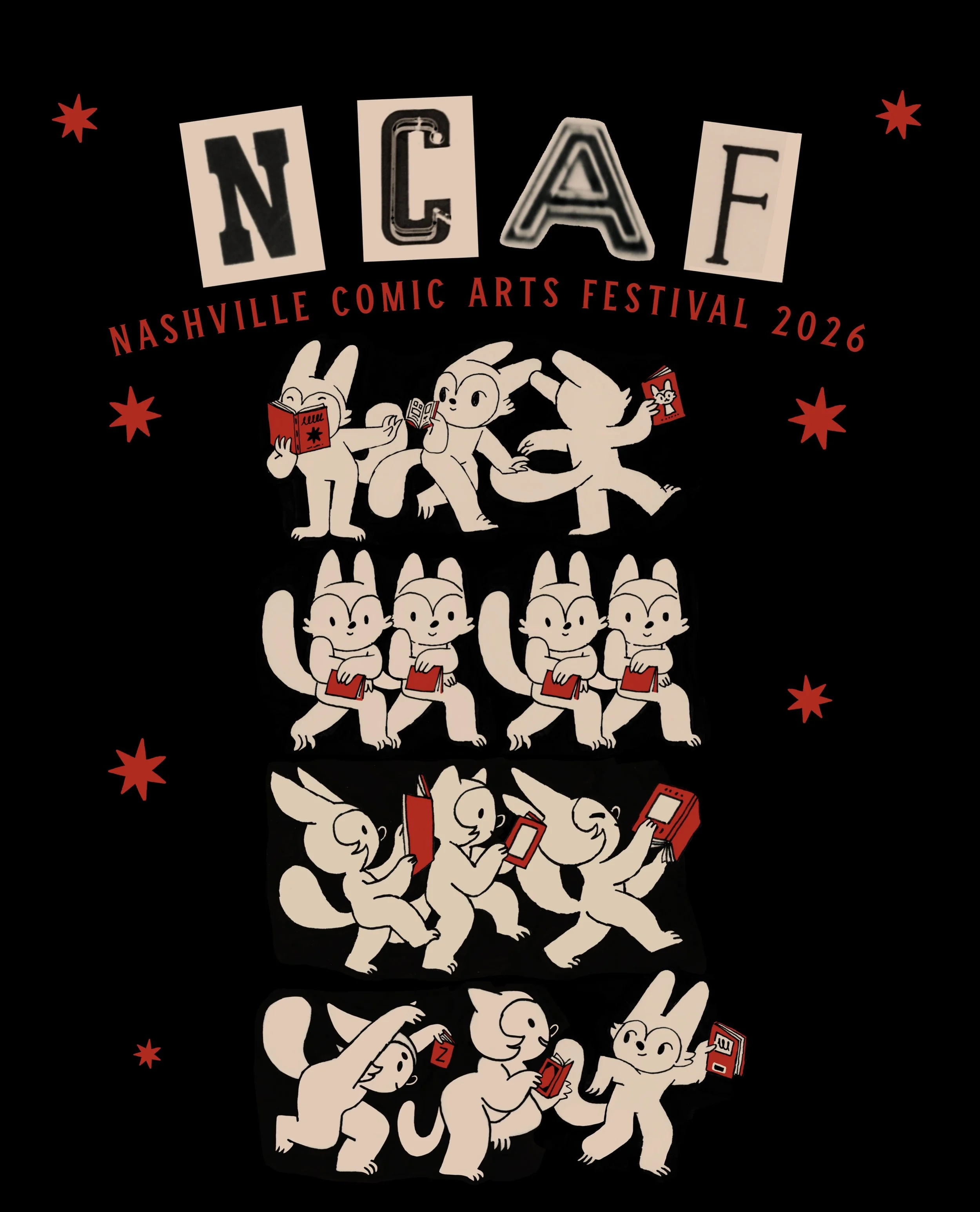 I drew / designed the poster for @nashvillecomicartsfestival this year! Besides tooting my own horn about it we were wondering what you&rsquo;d prefer for merch! A couple options!
A. Shirts on tan
B. Shirts on black 
And with or without all the extra