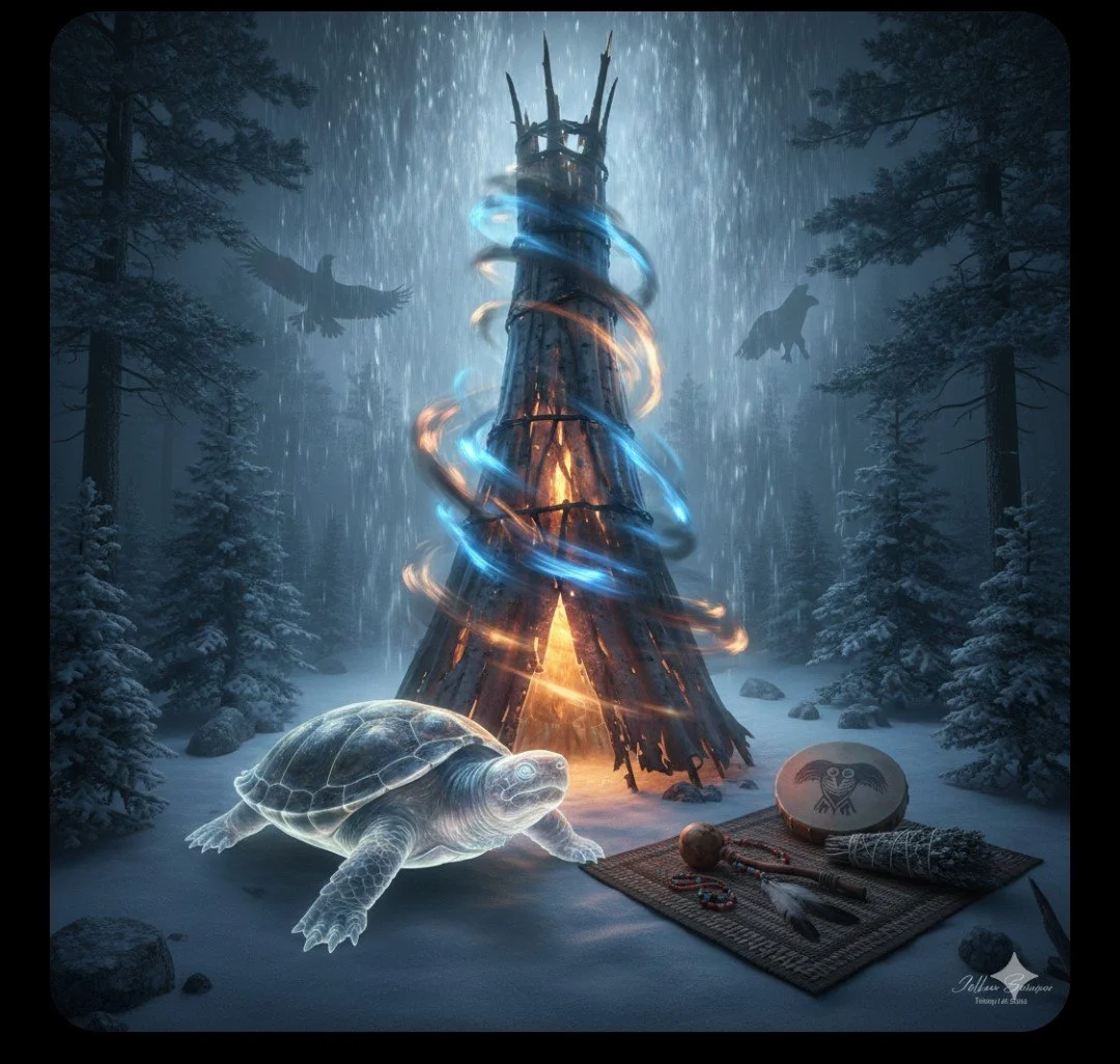 A mystical scene in a snowy forest featuring a glowing wooden totem pole surrounded by spirits; a translucent turtle with glowing eyes in the foreground, and tribal objects on a woven mat, including a drum with an owl symbol, feathers, and beads.