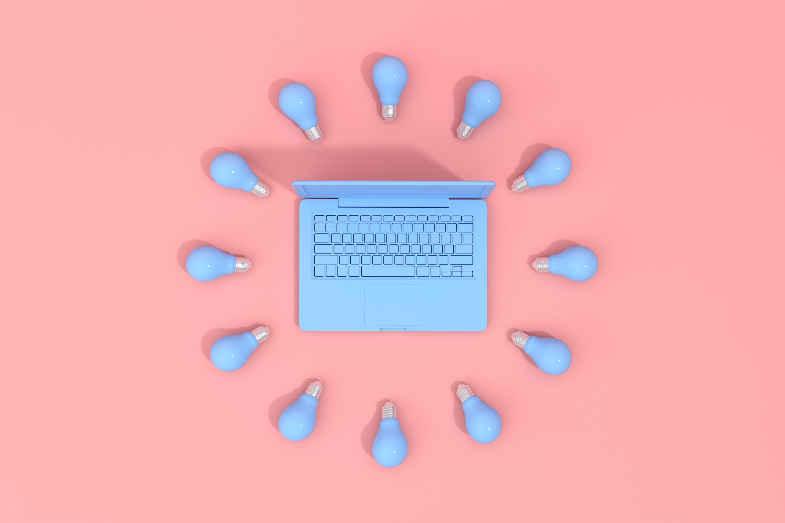 Light blue laptop surrounded by ten blue light bulbs on a pink background.