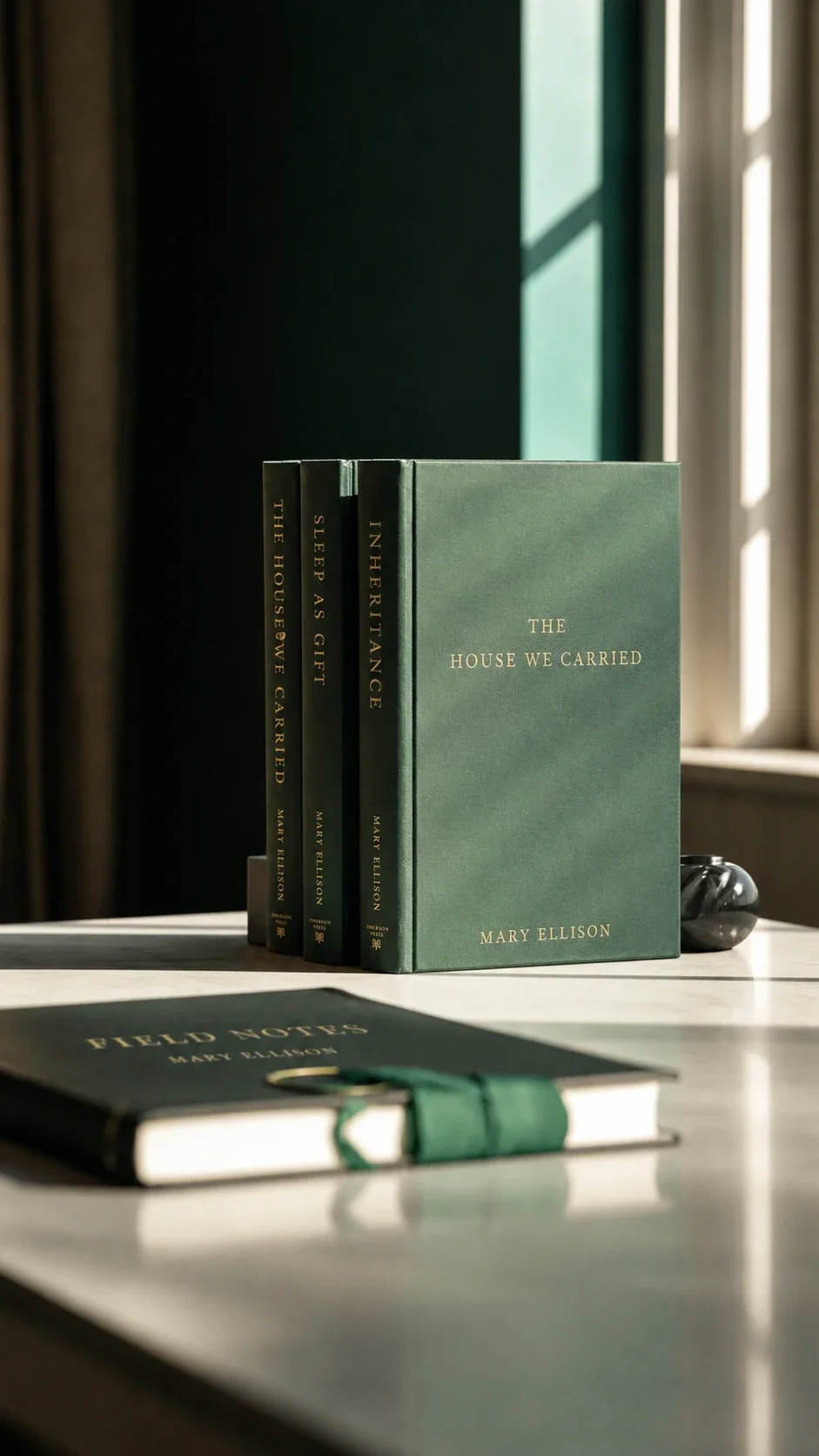 Stack of four green hardcover books, with the titles "The House We Carried," "Sleep As Gift," "Inheritance," and "The House We Carried" by Mary Ellison, placed on a white table near a window with sunlight streaming in.