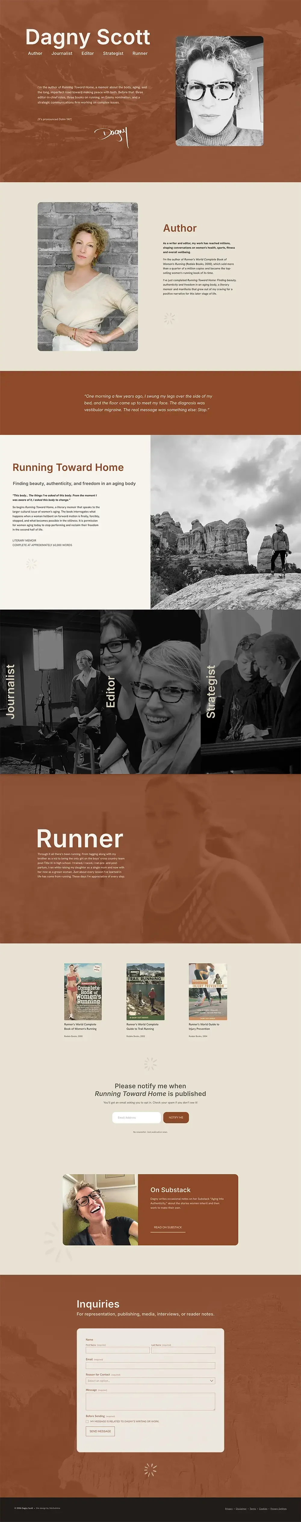 A professional webpage introducing author Dagny Scott, featuring her photo in black and white at the top, a second photo of her in color, and sections about her work and books, with images of her book covers and contact information.