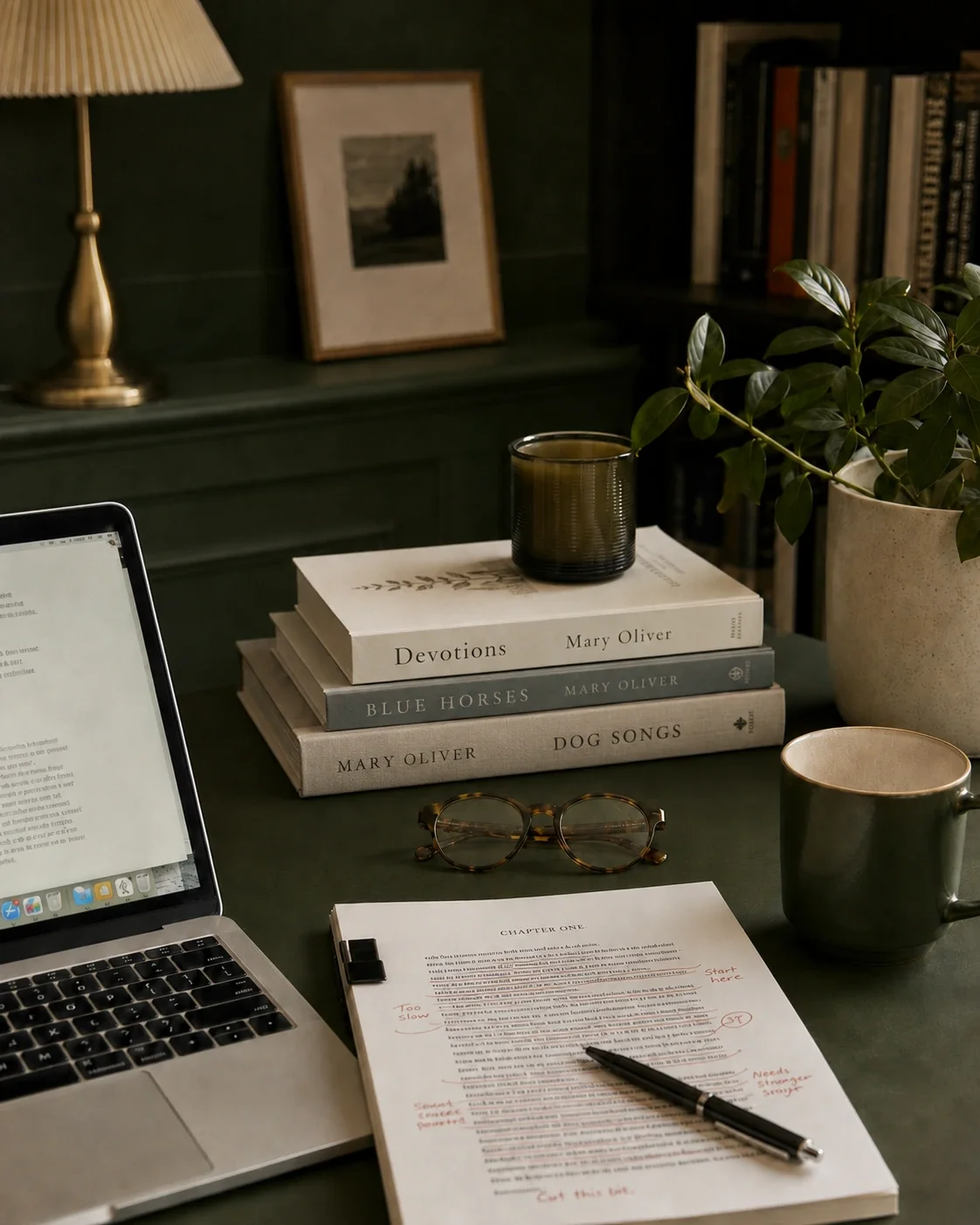 A cozy workspace with a laptop, a printed document with handwritten notes, glasses, a stack of books by Mary Oliver, a candle, a cup, and a potted plant on a dark green desk, with a lamp, framed picture, and bookshelf in the background.