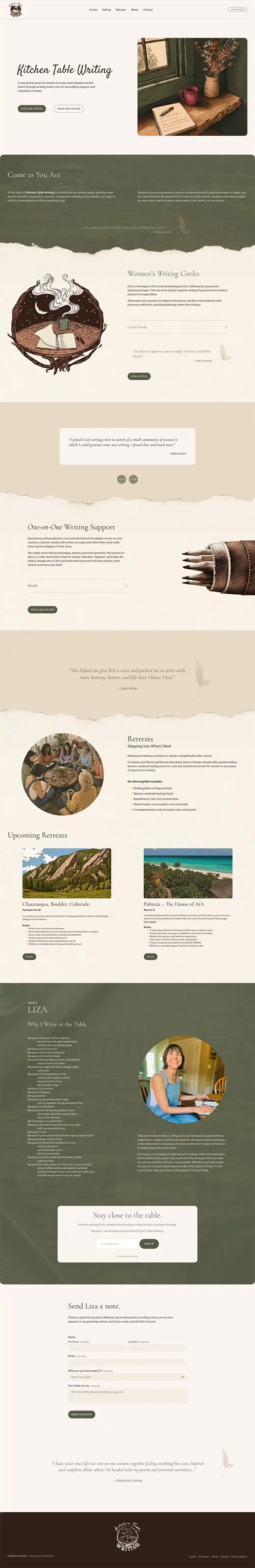 A webpage for Kitchen Table Writing featuring a header, a section with a picture of a window with a wooden ledge, a pink mug, a notebook, and a plant, followed by sections about women's writing circles, writing support, upcoming retreats with images of nature, and an about section with a photo of a smiling woman at a desk.