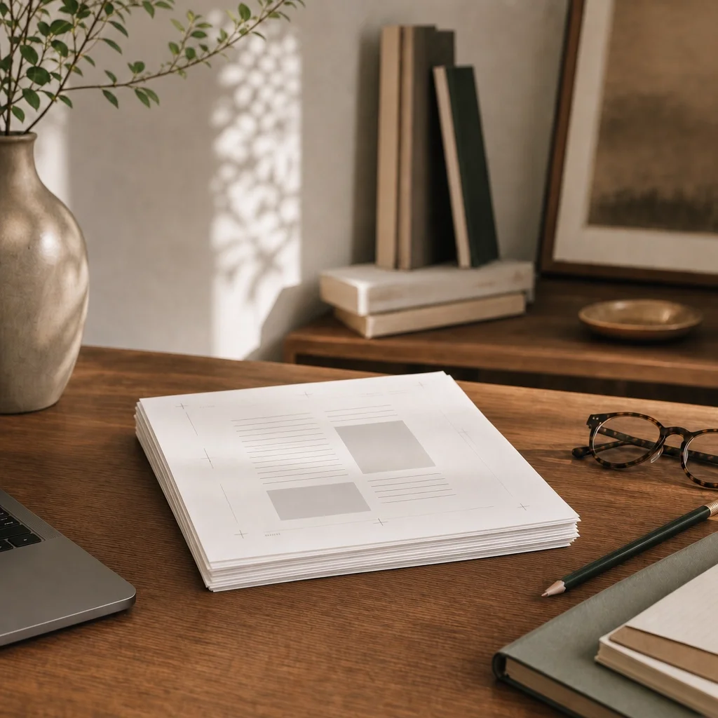 A wooden desk with a stack of paper, a laptop, a pair of glasses, a pen, and a notebook. In the background, there are books, a print, and a metal vase with greenery.