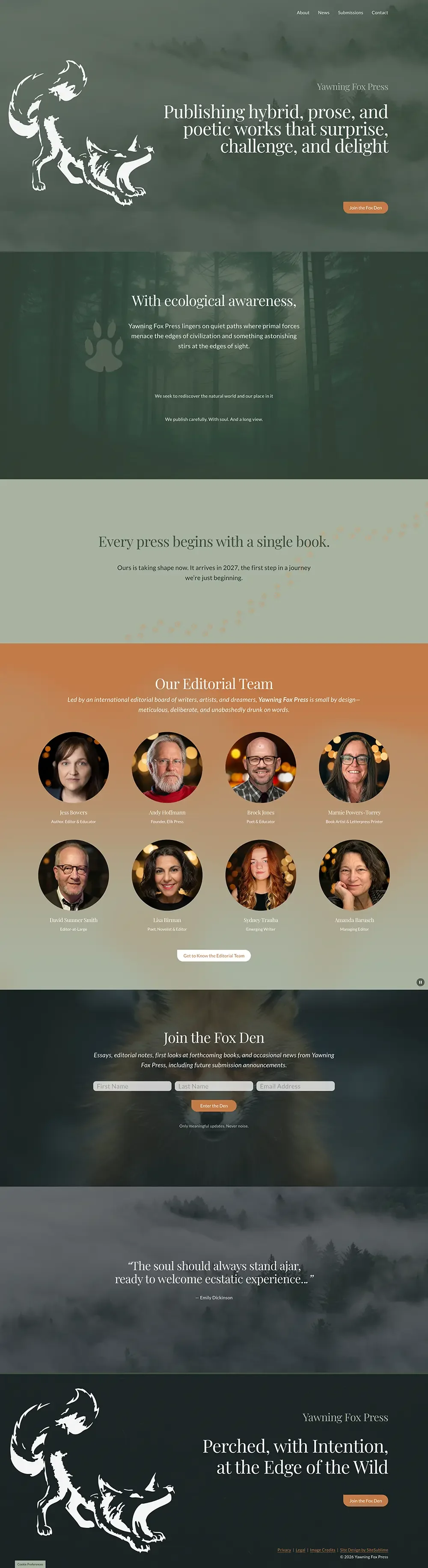The webpage for Yawning Fox Press features a dark forest background with greenish tones, an illustration of a fox and a wolf combined in a sketch style, and sections about the press's mission and team. The page includes a call-to-action to join the Fox Den community, with a quote about the soul and wildness.