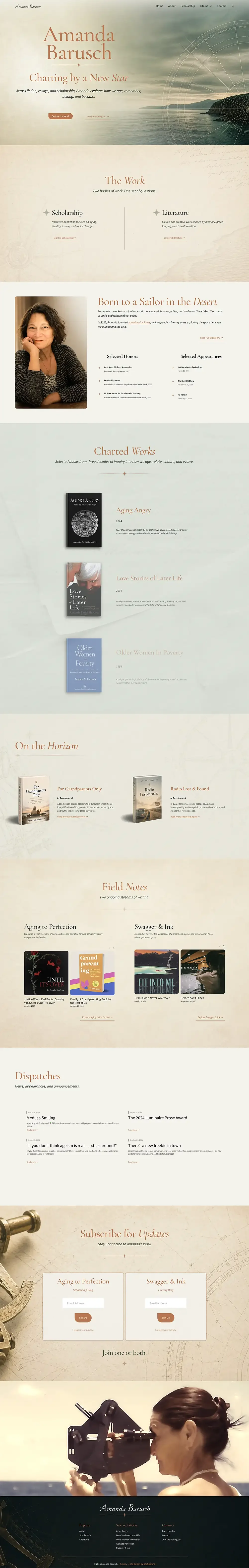 A website homepage for Amanda Barusch featuring her name and tagline 'Charting by a New Star.' It includes sections about her work, biography, books, field notes, and recent dispatches, along with subscription options and imagery of her portraits, books, and a woman with a telescope.
