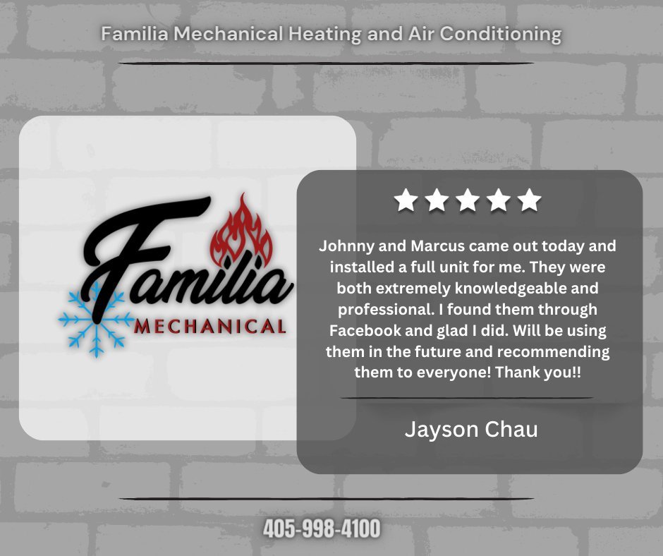 We love hearing from our customers almost as much as we love providing our services. Thanks so much for the review, Jayson!

 #FamiliaMechanical #HVAC #OKCHomeMaintenaince #customerreview