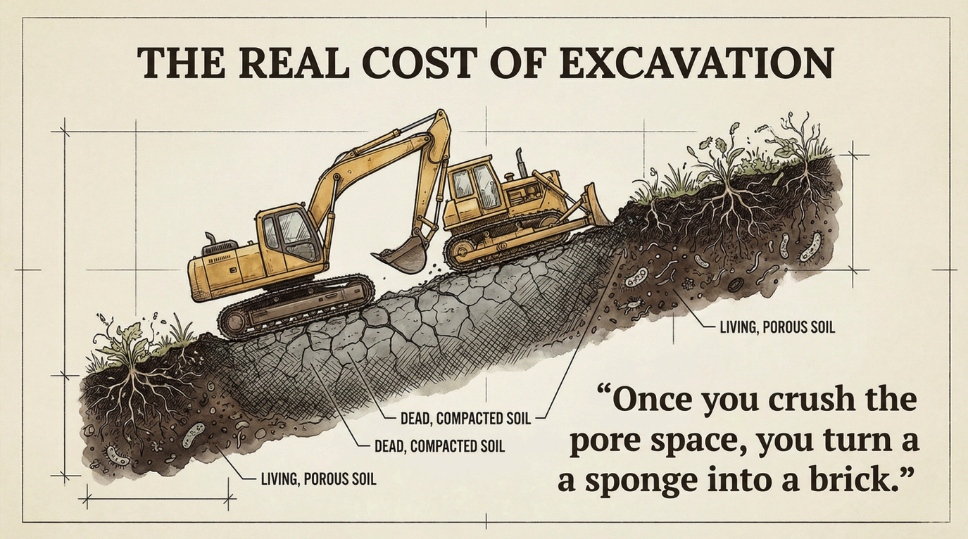Diagram showing an excavator working on compacted soil versus healthy loose soil for water penetration