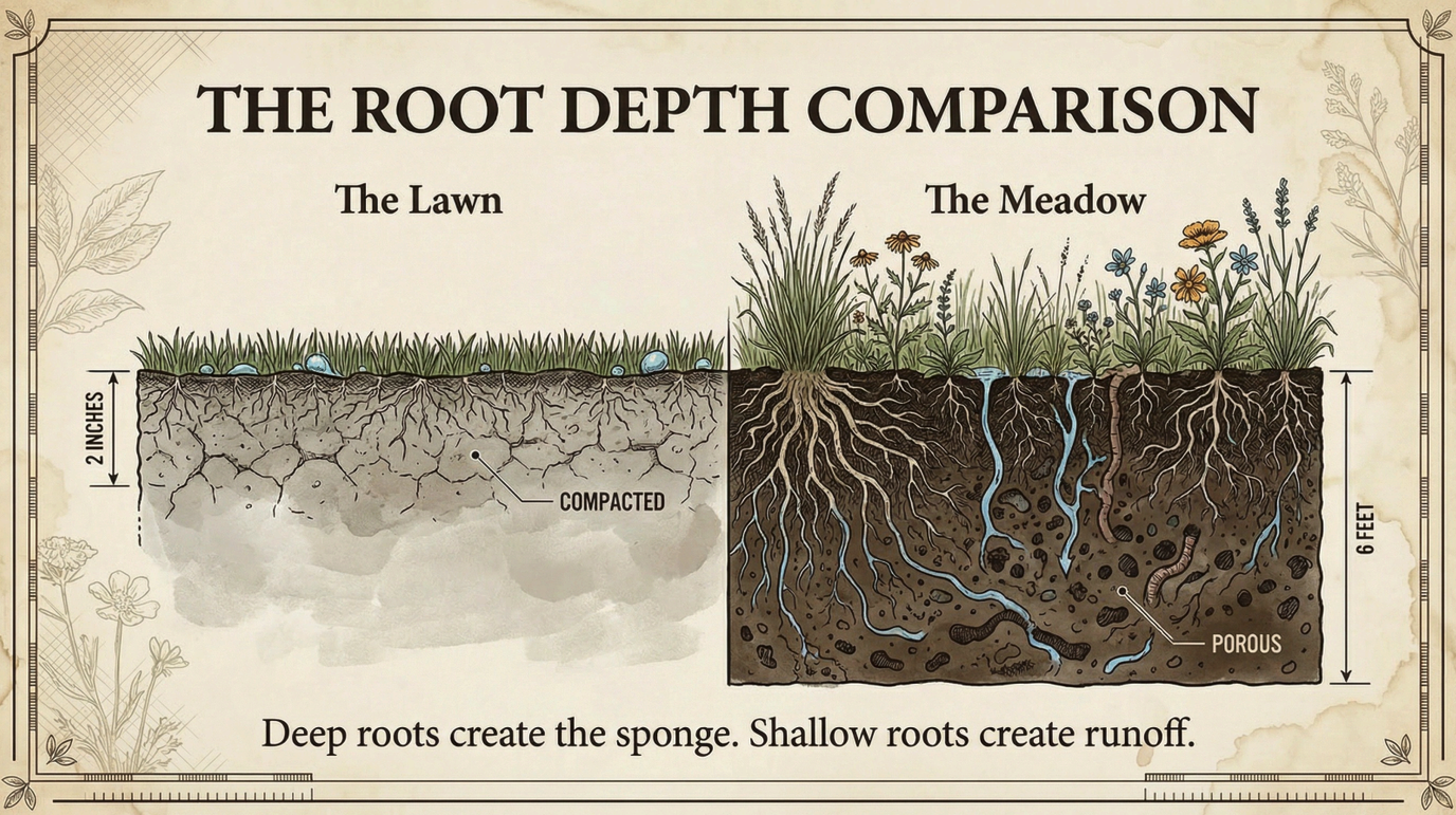root depth comprison graphic showing traditional lawn versus a meadow of diverse plantings