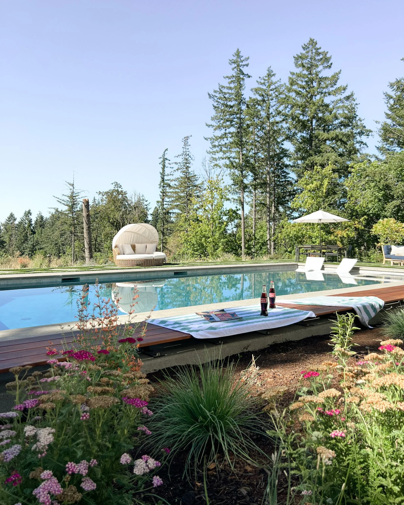 Outdoor pool and cabana daybed in a designed Portland Oregon backyard Luxury pool and shade structure in a Pacific Northwest landscape design Pool cabana seating area in an ecological outdoor living space, Portland OR