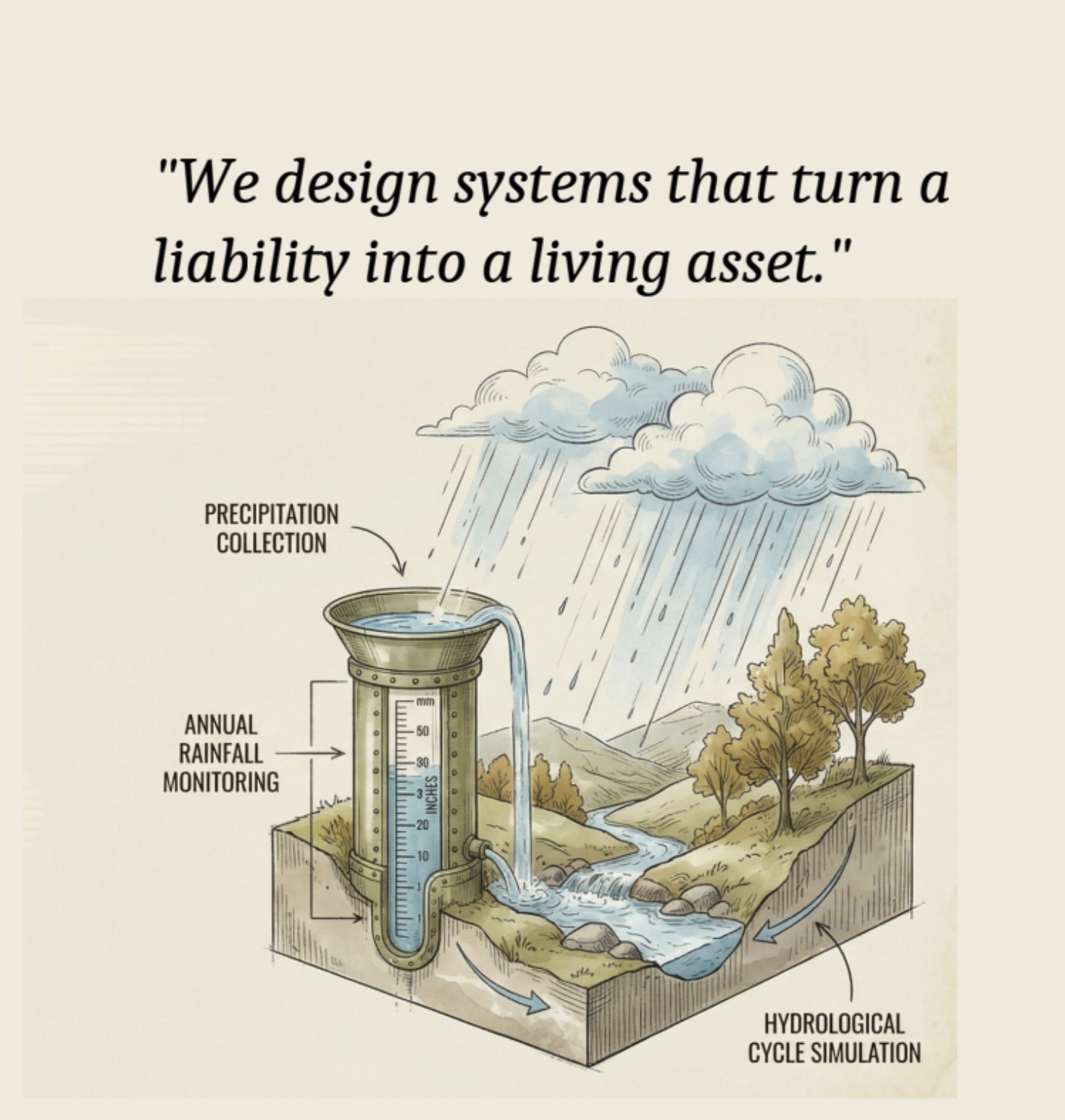 Illustration of a rainwater harvesting system showing a collection tank labeled 'Precipitation Collection' and 'Annual Rainfall Monitoring.' Rain clouds release rain over the system, which includes a visual representation of hydrological cycle simulation with rivers flowing into and out of the tank, surrounded by trees and mountains.