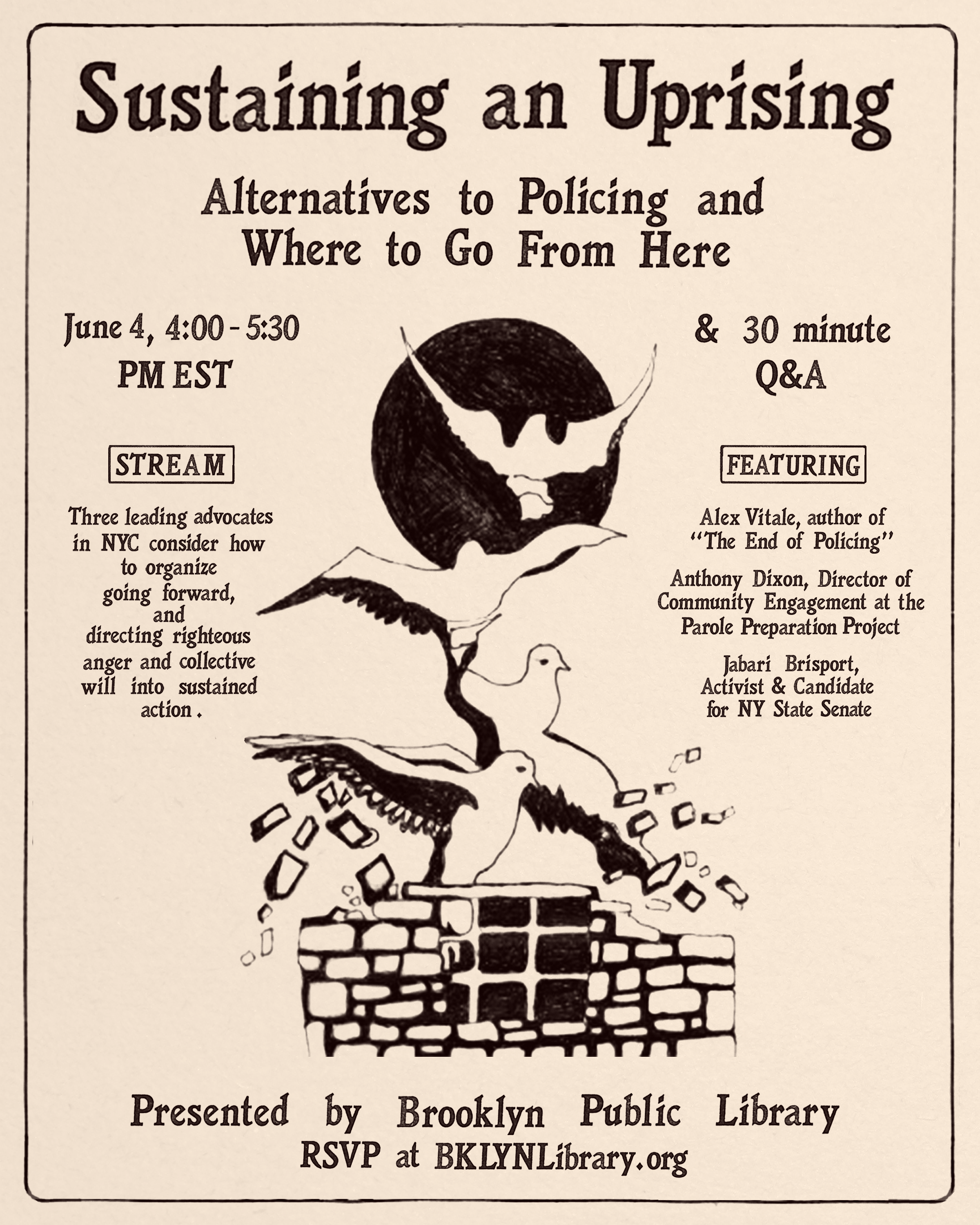 "Sustaining an Uprising" flier, presented by Brooklyn Public Library featuring author Alex Vitale (May 2022)