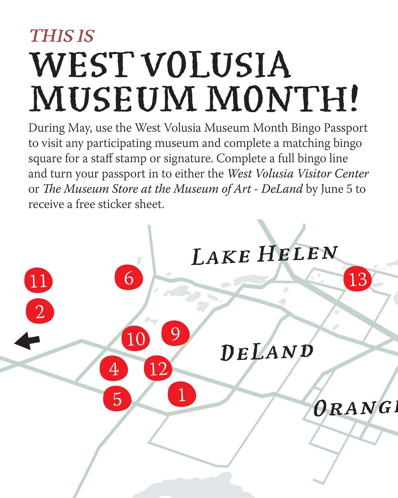Next month, from May 1 to June 5, we&rsquo;re teaming up with 14 of our incredible local museums and galleries to bring you a month of discovery with the West Volusia Museum Month Bingo Passport! 

Here&rsquo;s how it works:
🏛️ Pick up a Passport by