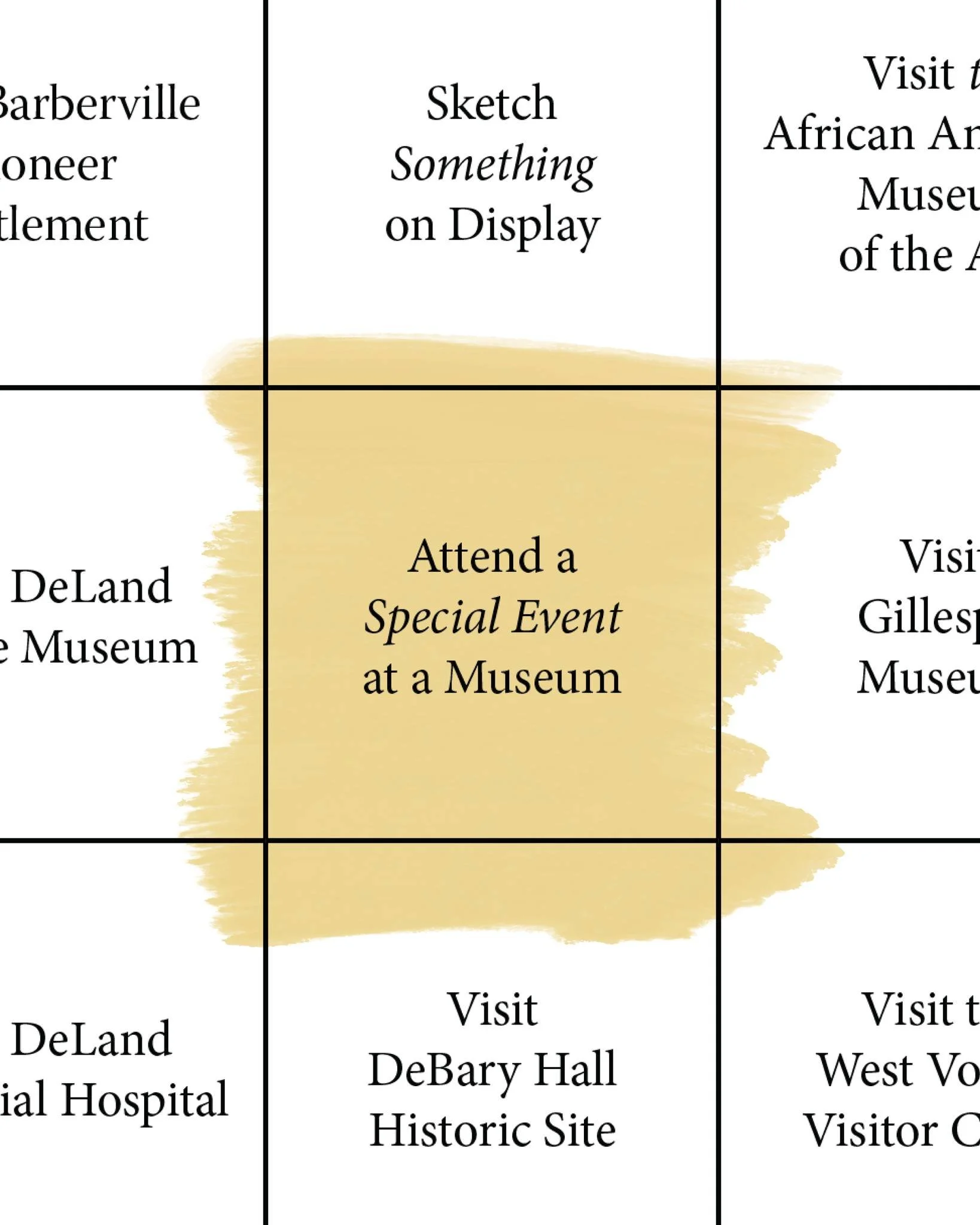 There's more to Museum Month than just the Bingo Passport! 🏛️

Many museums across West Volusia are hosting special events. In fact, there are so many events that we included a square in the passport to reward those who attend one!

Be sure to check