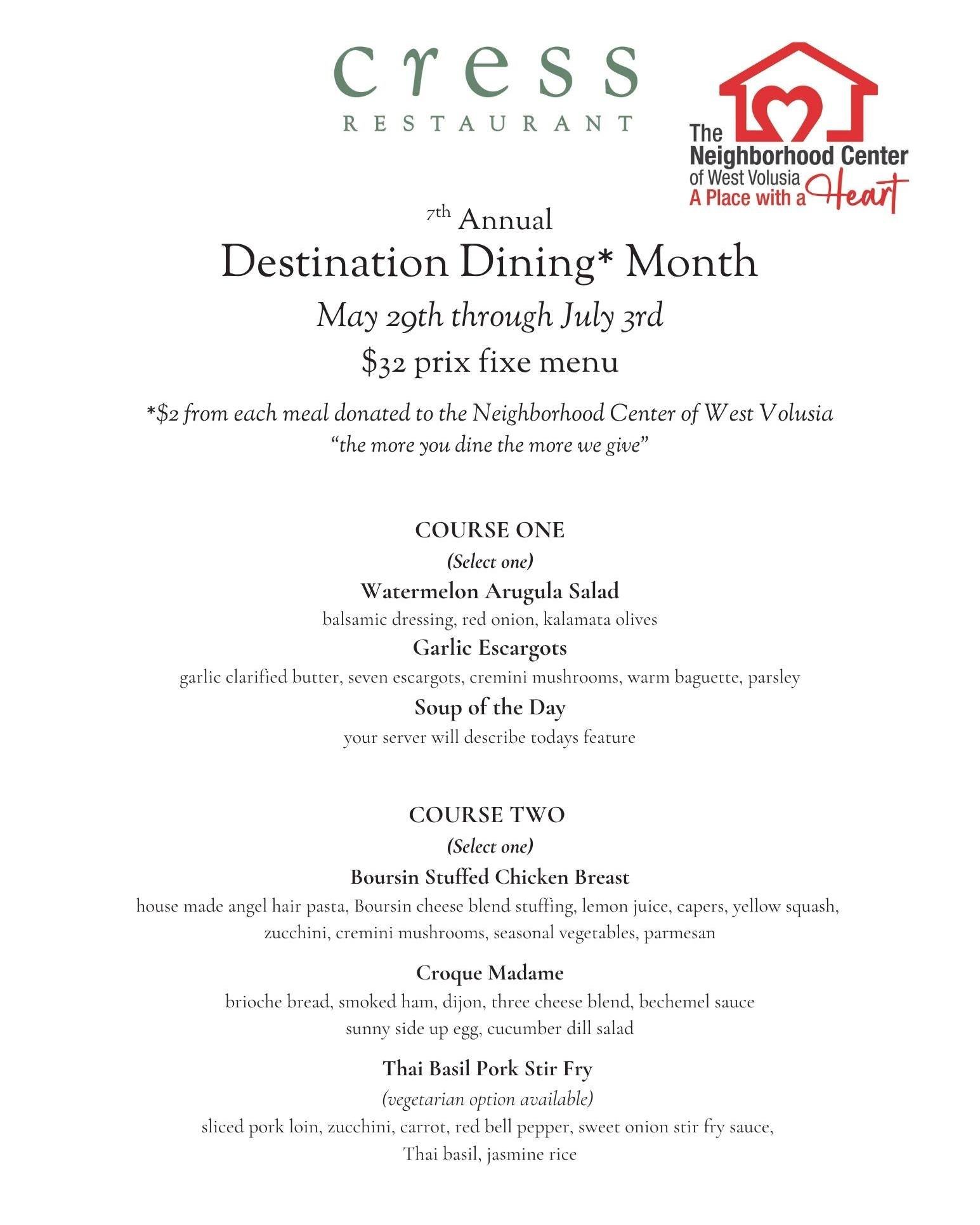 #foo🍽️ Destination Dining Month is returning to @cressrestaurant!

Starting on May 29th, you can enjoy a special prix fixe menu for the 7th Annual Destination Dining Month. Even better, $2 from every meal will benefit The Neighborhood Center of West