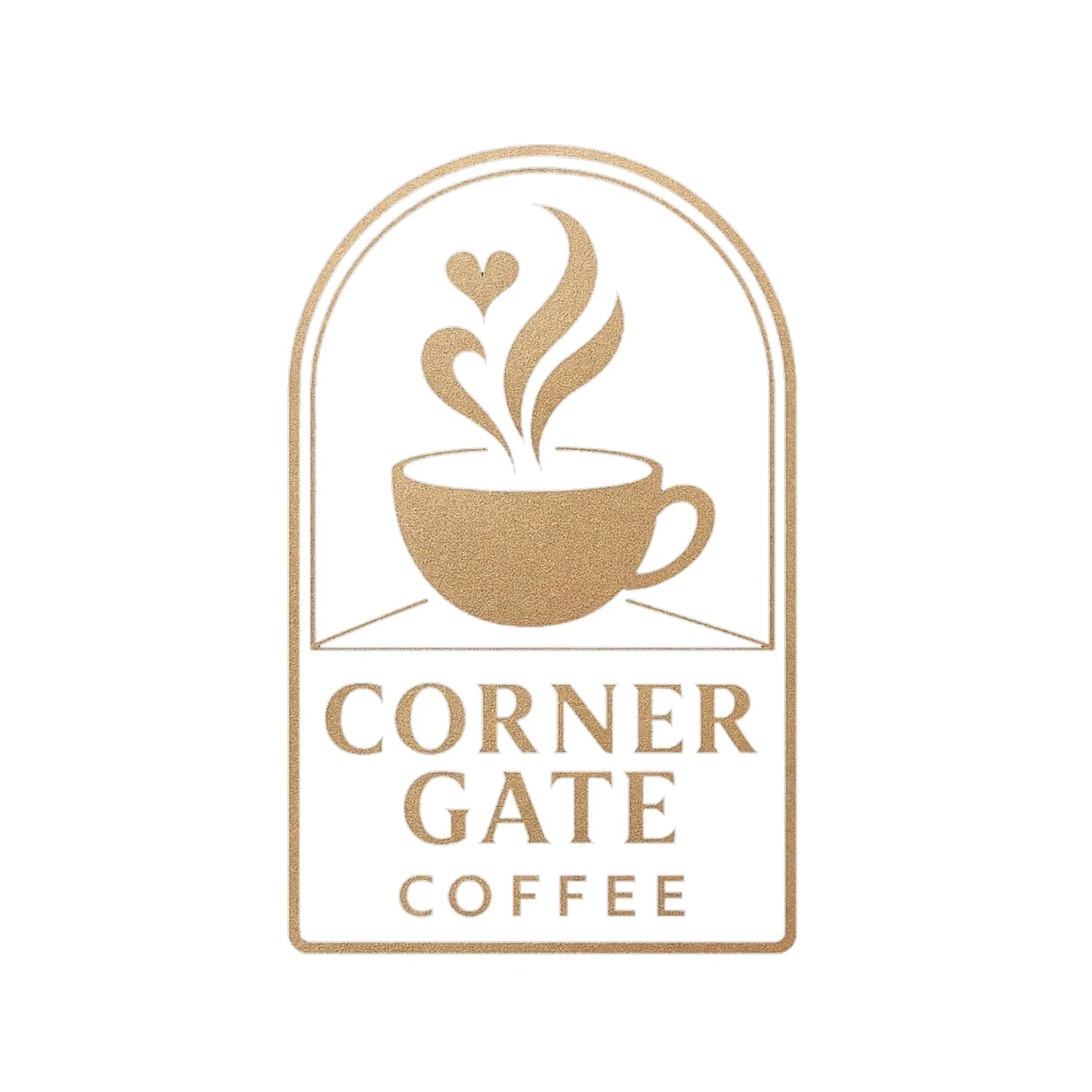 Gold textured logo for Corner Gate Coffee featuring an arched border and a coffee cup with steam forming a small heart.