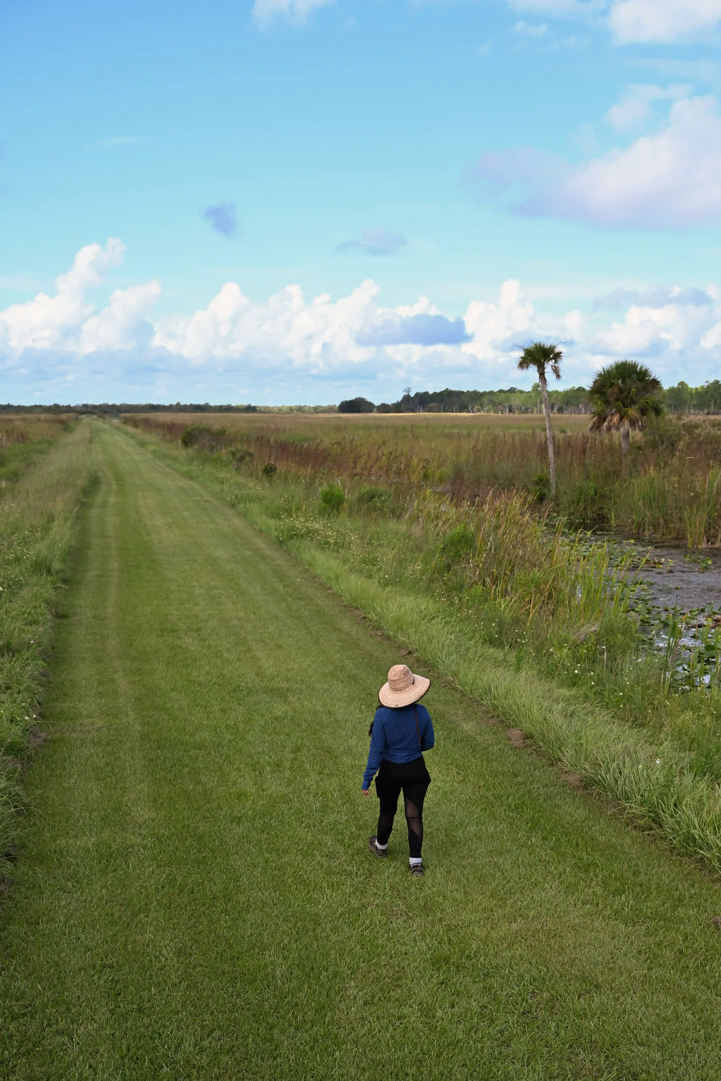 A visitor explores the wide open landscapes of Lake Woodruff National Wildlife Refuge, a pristine and peaceful sanctuary located just off the main trail route.