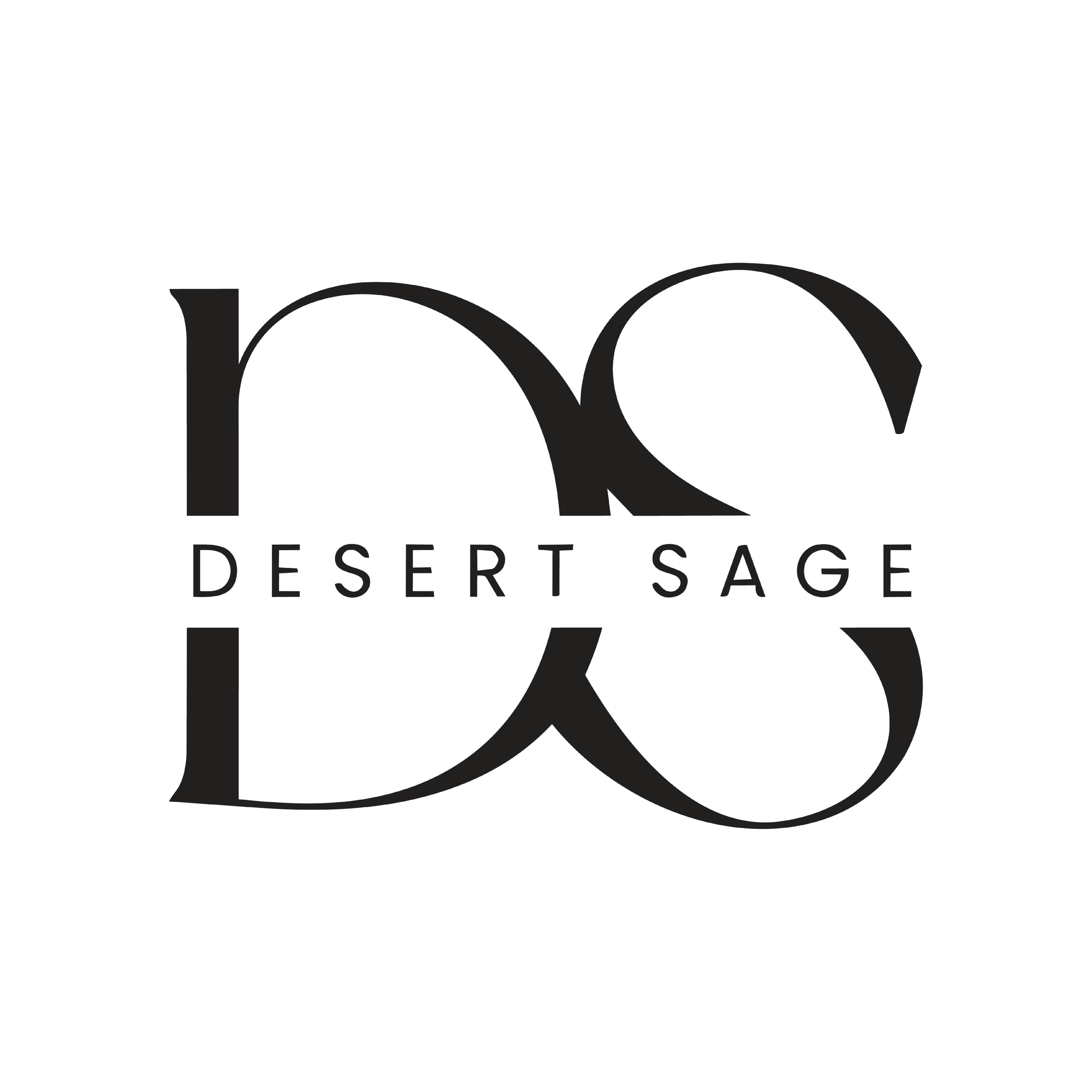 Minimalist black and white logo featuring large, elegant serif letters D and S that overlap seamlessly. The words DESERT SAGE are printed horizontally across the middle in a clean, spaced sans serif font, creating a sophisticated and modern aesthetic