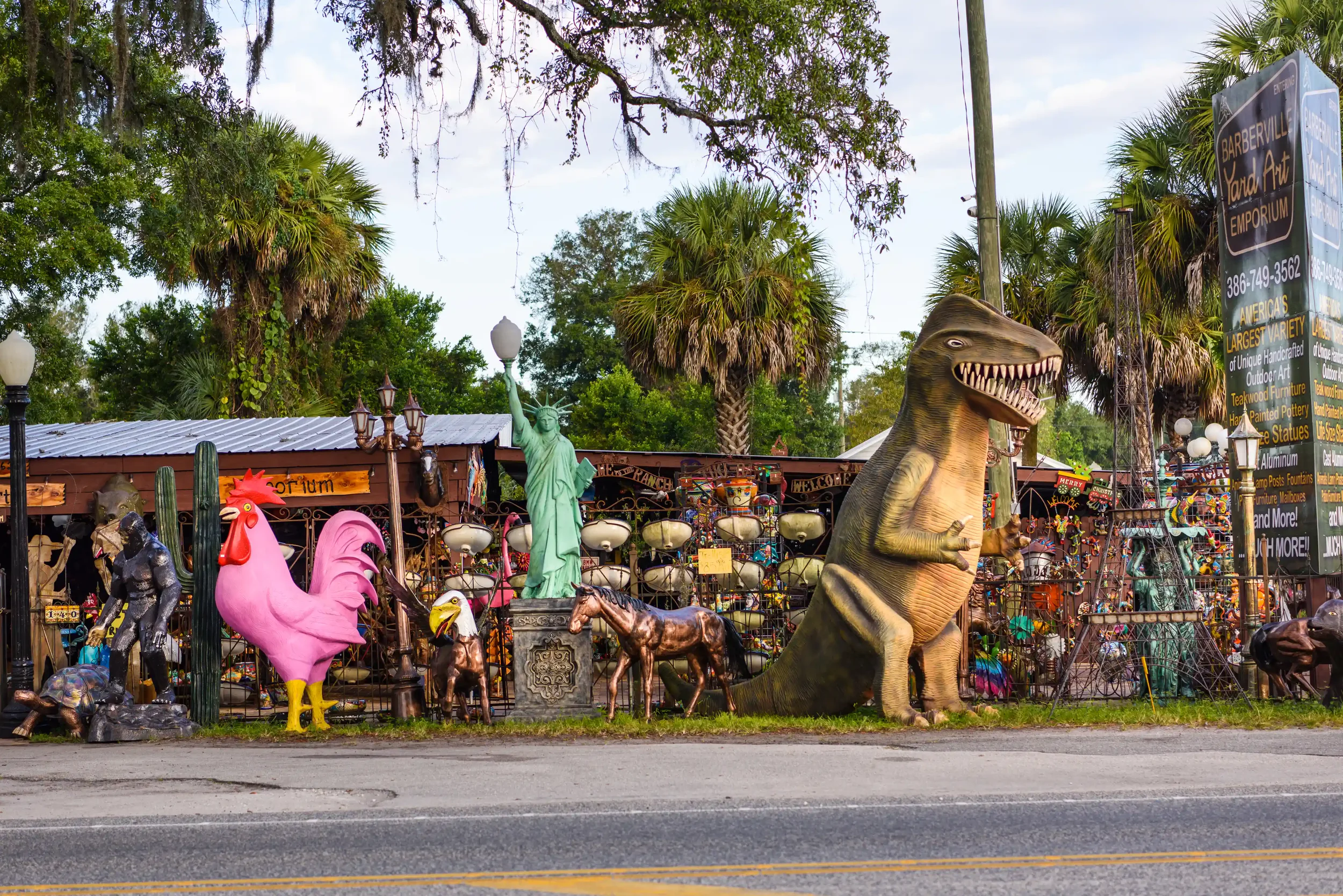 An incredible open air sculpture garden featuring a massive selection of handcrafted lawn art. This unique roadside attraction offers custom pottery, colorful statues, and stunning Mexican folk art.