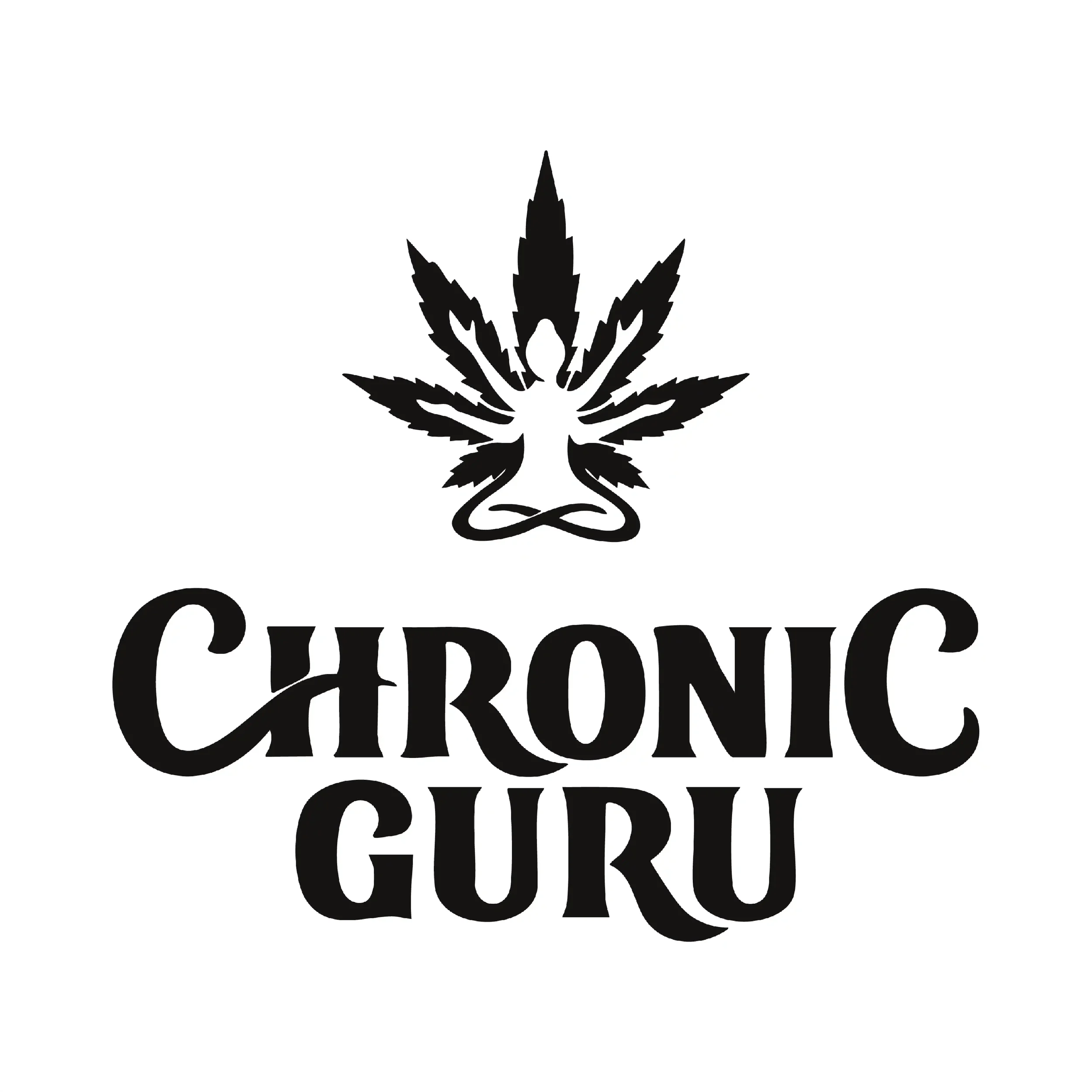 Chronic Guru brand logo in black and white. The design features a leaf graphic with a silhouette cutout of a person meditating in the lotus position. The words Chronic Guru are written below in a thick stylized font.