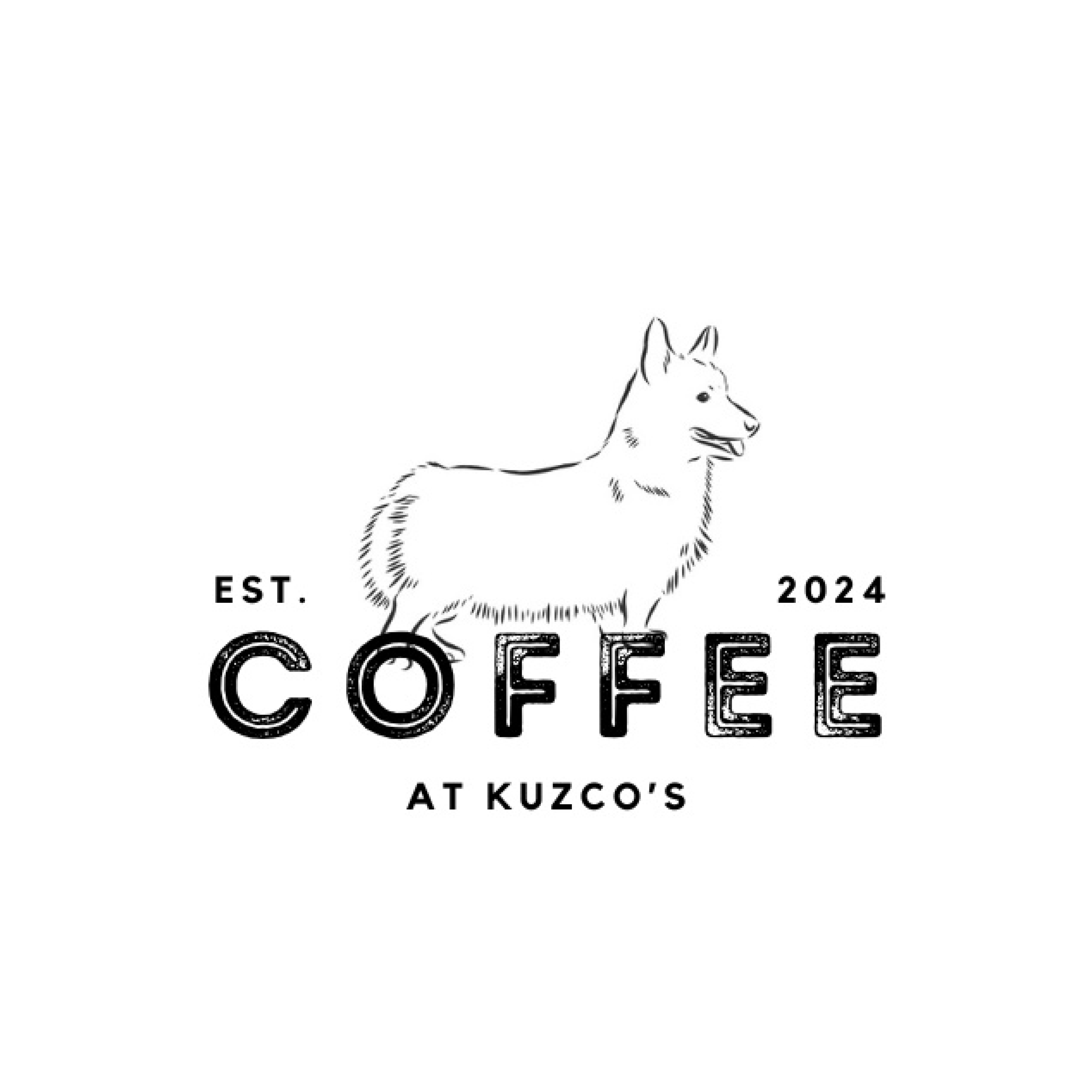 Black and white logo for Coffee at Kuzco's featuring a detailed line drawing of a standing corgi. The text EST 2024 flanks the word COFFEE, which is written in large, textured block letters. AT KUZCO'S is printed below in a simple, clean font.
