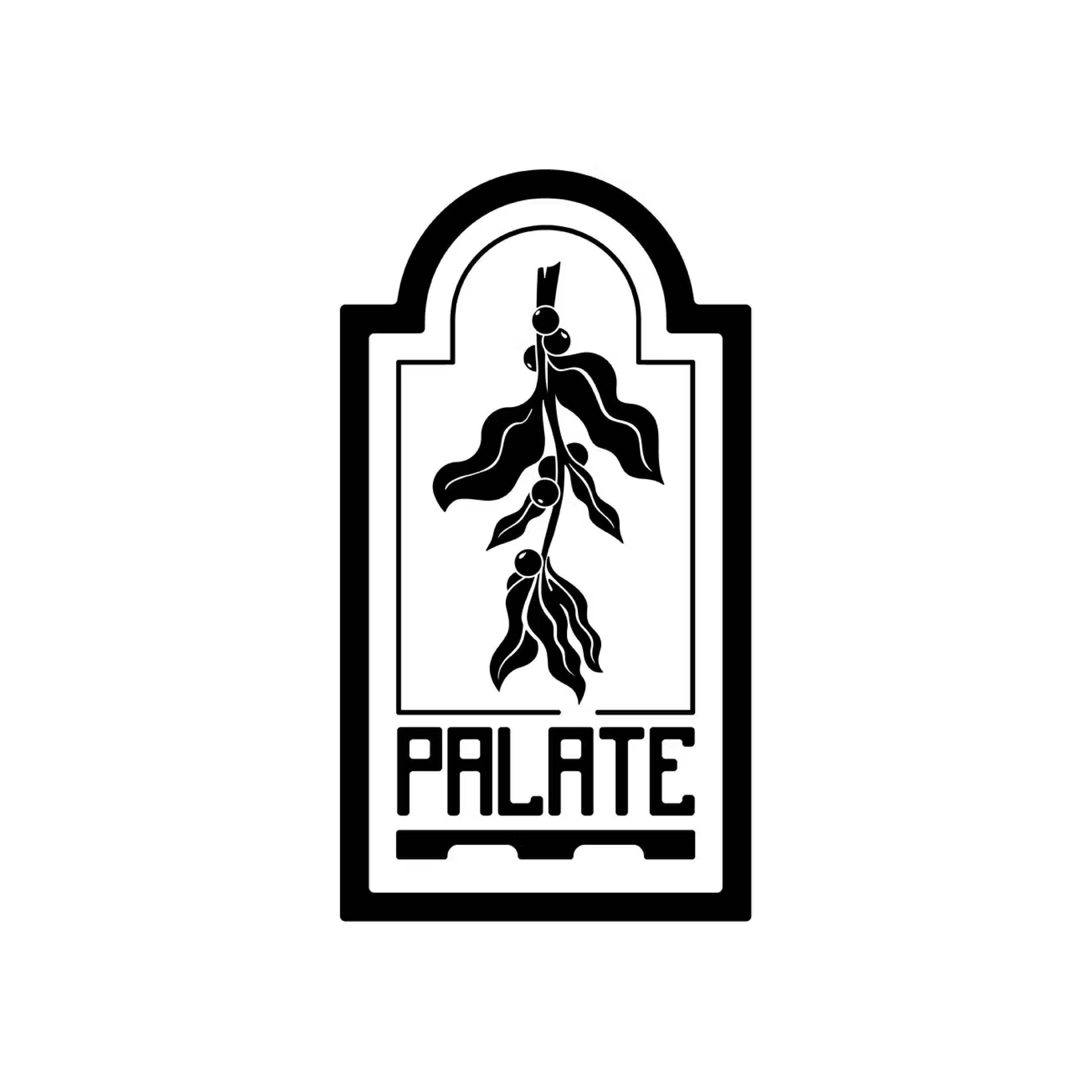 Emblem style logo for Palate enclosed in a thick arched window frame border. Inside, a solid black silhouette of a hanging plant branch with detailed leaves and round berries sits prominently above the stylized, futuristic text reading PALATE.