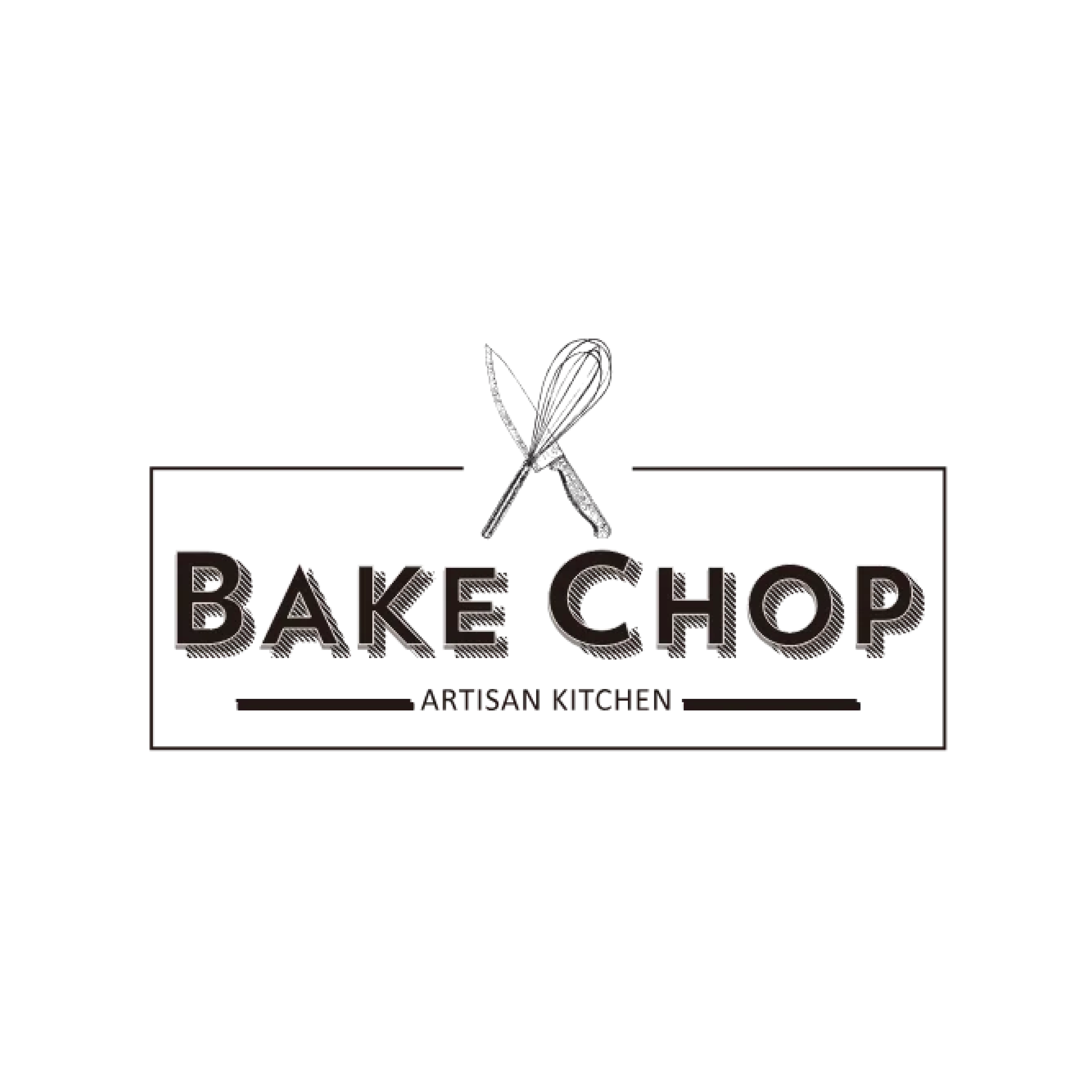 Black and white logo for Bake Chop Artisan Kitchen enclosed in a rectangular border. A detailed sketch of a crossed chef knife and wire whisk sits above the main text. BAKE CHOP is rendered in bold, textured block letters with a distinct drop shadow 