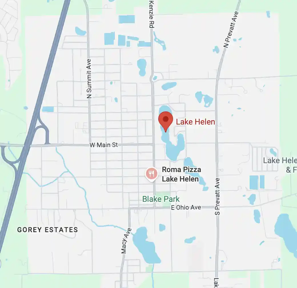 A map of Lake Helen displaying a single red location pin pointing to Roma Pizza.