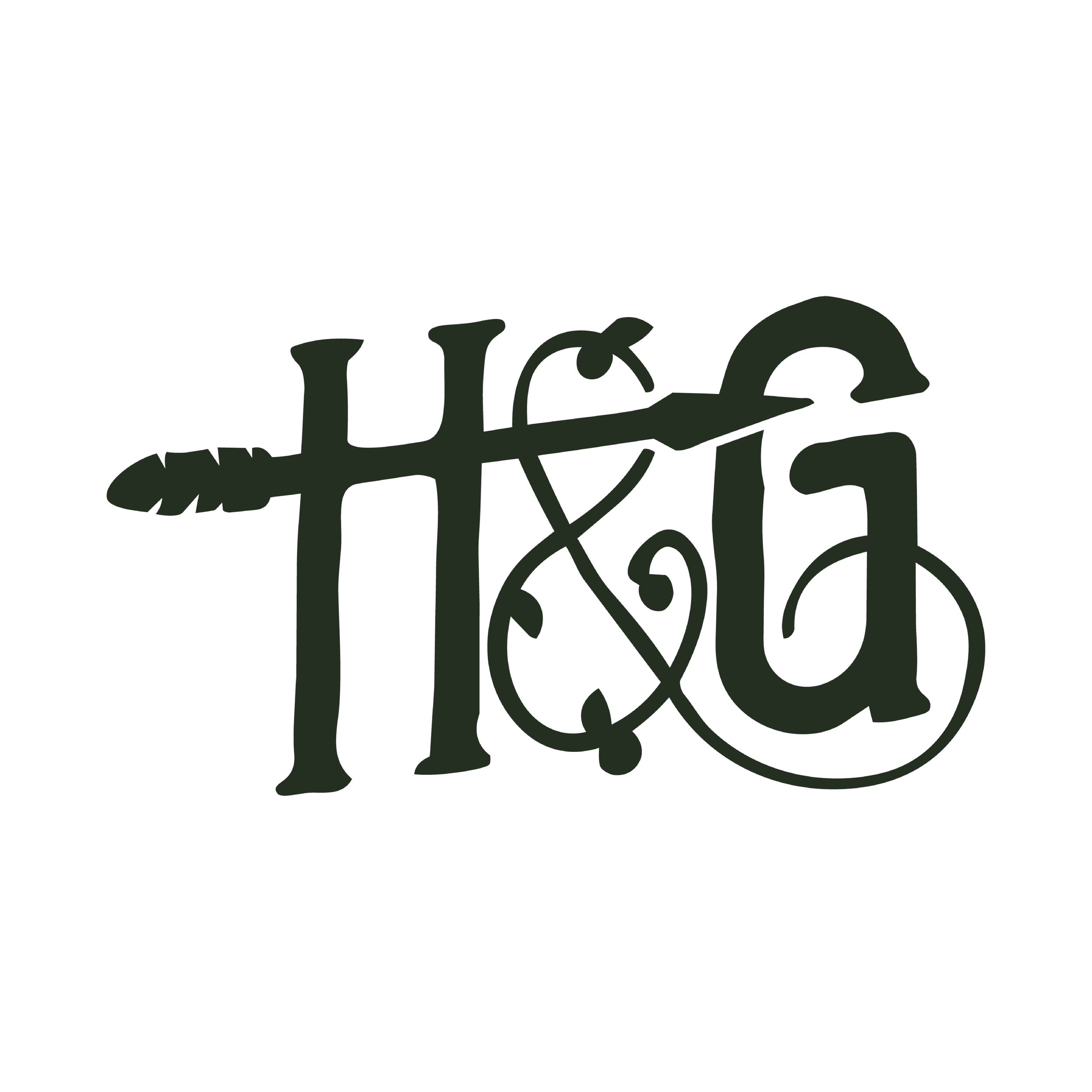 Intricate dark green logo for Hunters and Gatherers featuring the letters H and G separated by an ampersand. A detailed feather quill horizontally pierces the letter H. Elegant, swirling vine flourishes decorate the ampersand and intertwine with the 