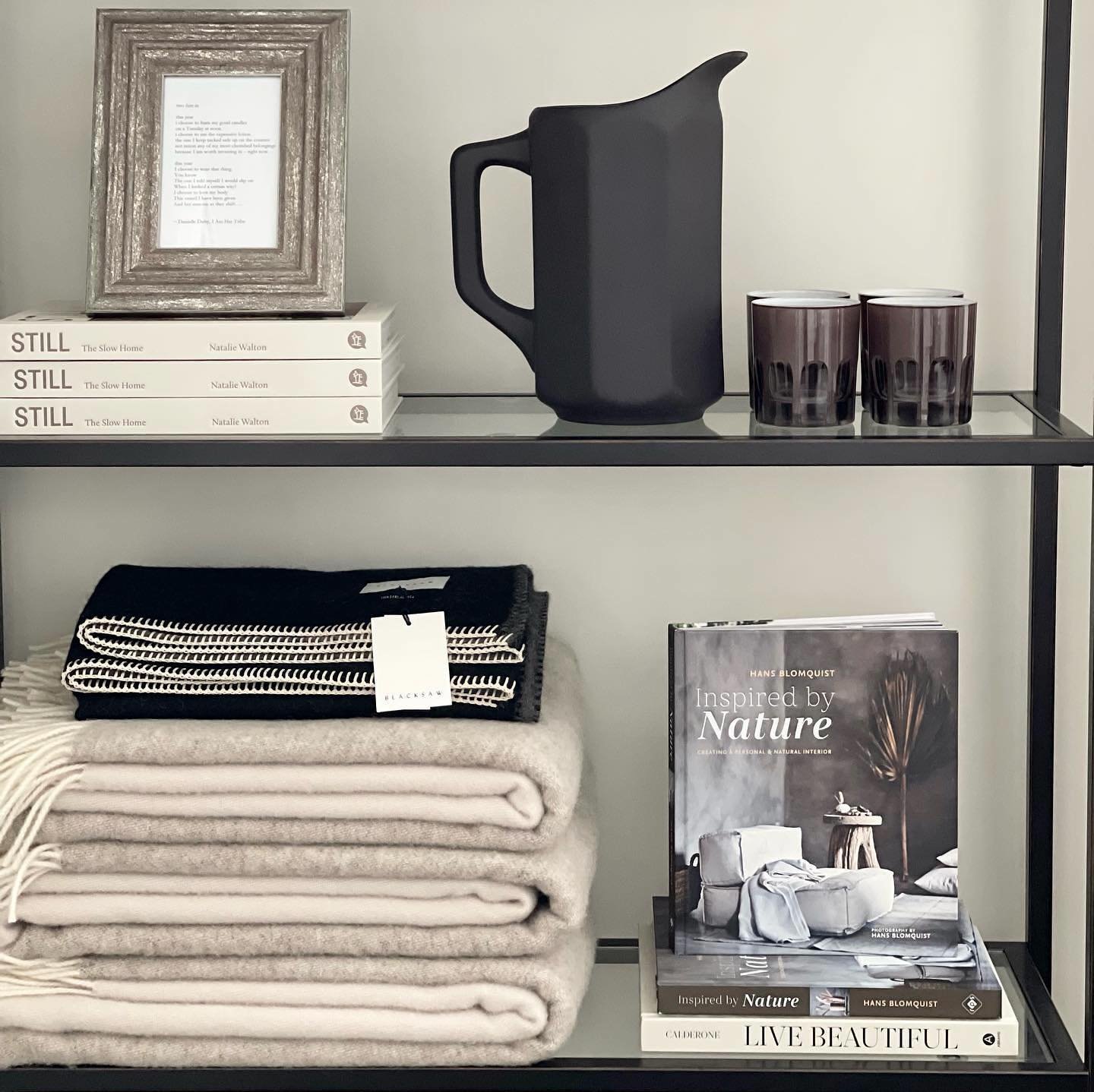 A collection of TCH favourites. 

#thecuratedhome #wealldeservetolivebeautifully #inspiredreading #throwblankets #oldfashioned #rialtoglasses #stoneware #stilllofepitcher #etagere #styling #yycdesign #yycinteriors #yychomes