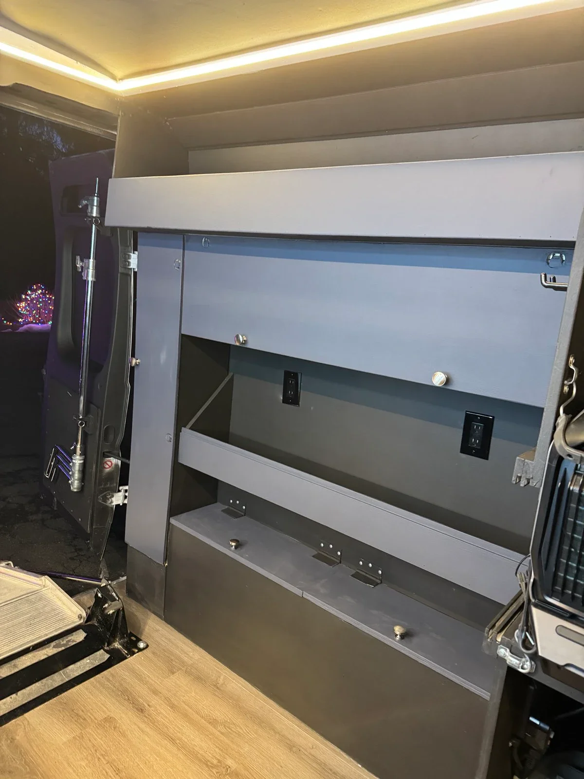 Built-in shelving and secure equipment storage
