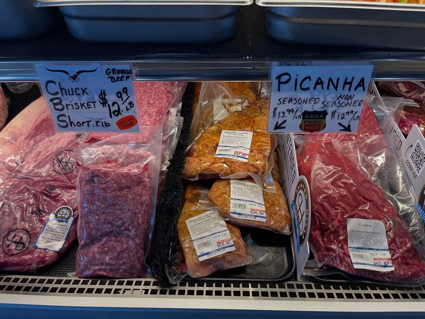 Ground chuck brisket short ribs and picanhas are now in the case. These both are delicious ingredients for an absolutely flavorful dinner.