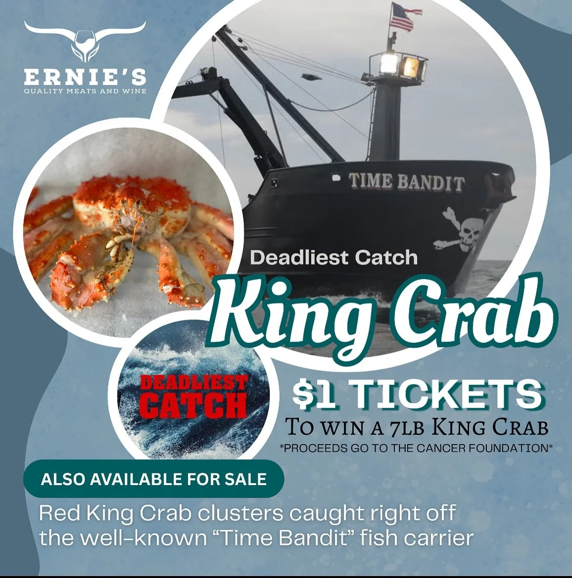 Couple reminders for this week at Ernie&rsquo;s: our raffle is still going on for the King Crab. $1 buys you a ticket to win this great prize. All proceeds benefit @cbcancerfnd 

Also, no BBQ this weekend and we will also be closing at noon on Saturd