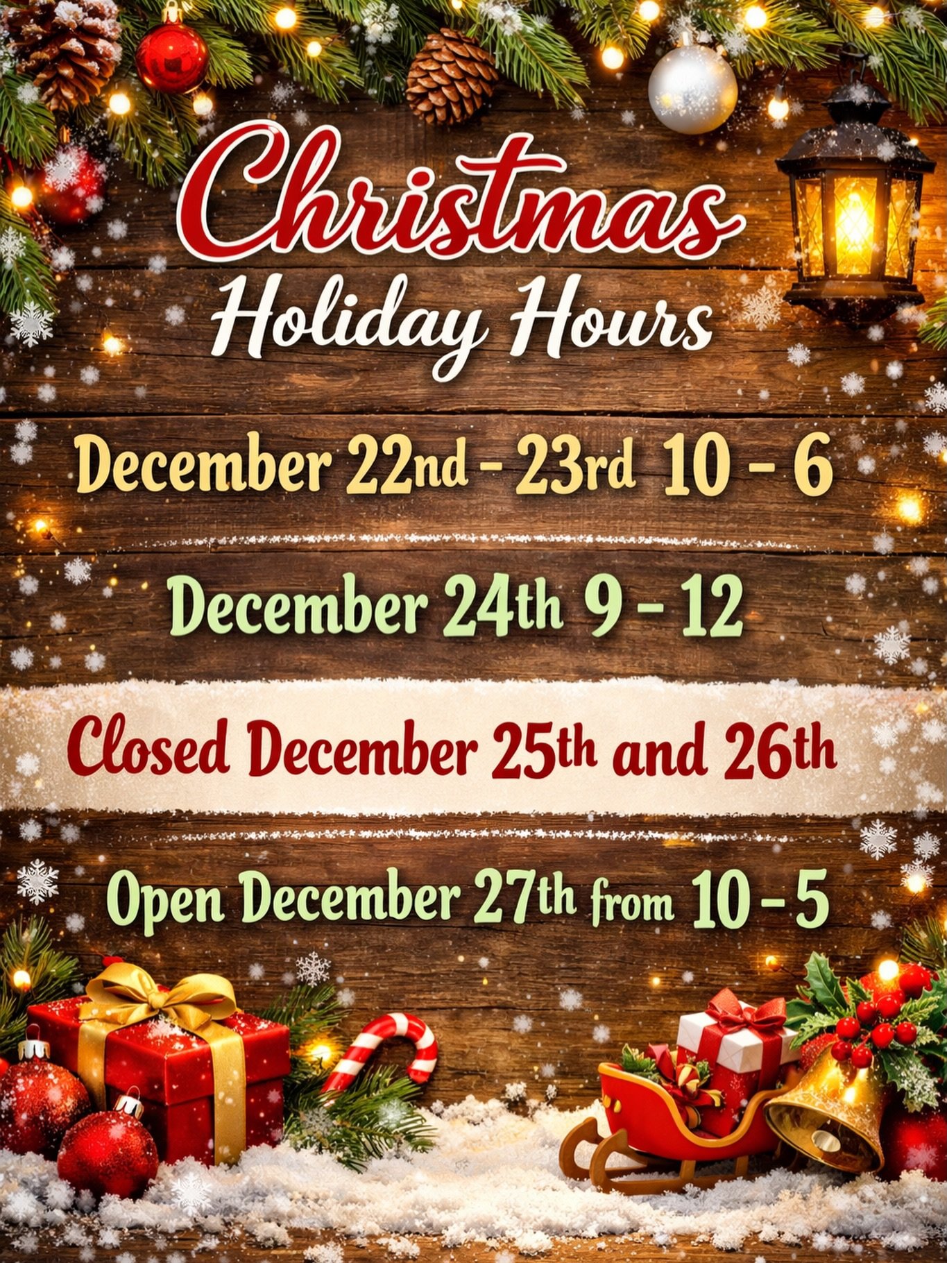 Holiday hours for this week and next. We are still cutting prime ribs so get your pre orders in by tomorrow so you aren&rsquo;t left out in the cold on Christmas Day.