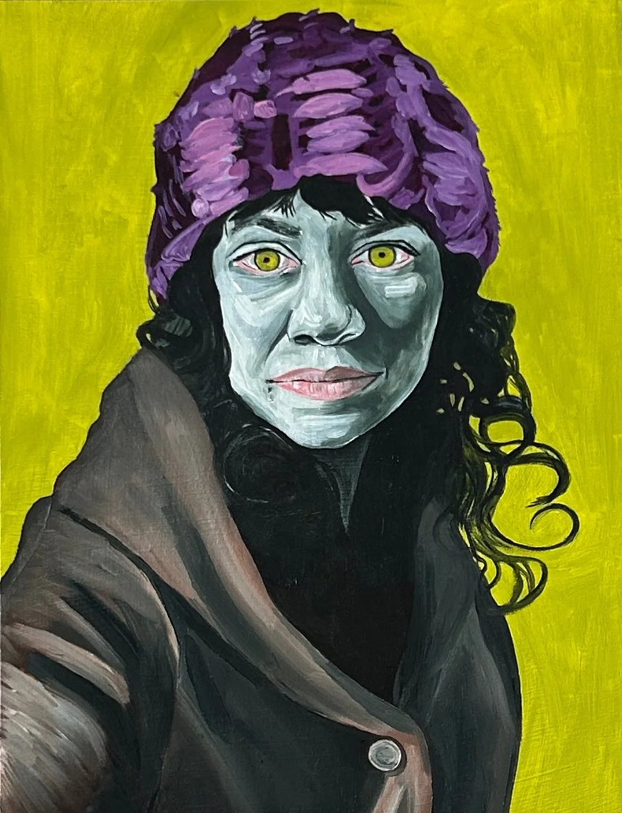 43, Oil on wood, 2025 // A monochromatic self-portrait, the background color references the chroma keying of a green screen. A painter can create any scenario. Every painting is a green screen.