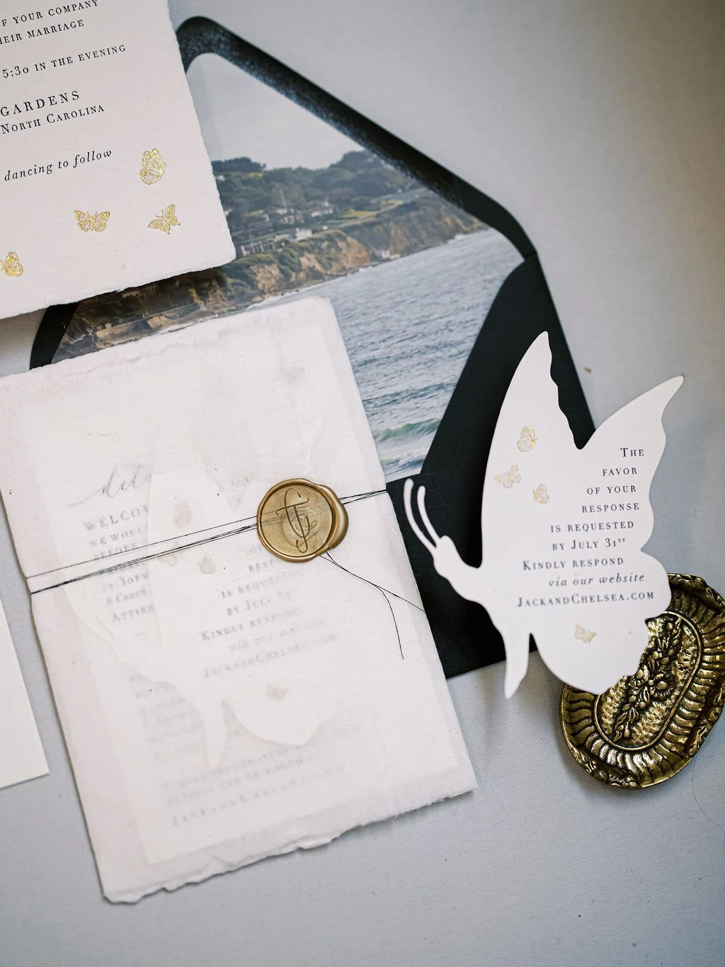Every Little Something: Exquisite premium wedding stationery modern luxury wax seal orchid with handtorn paper
