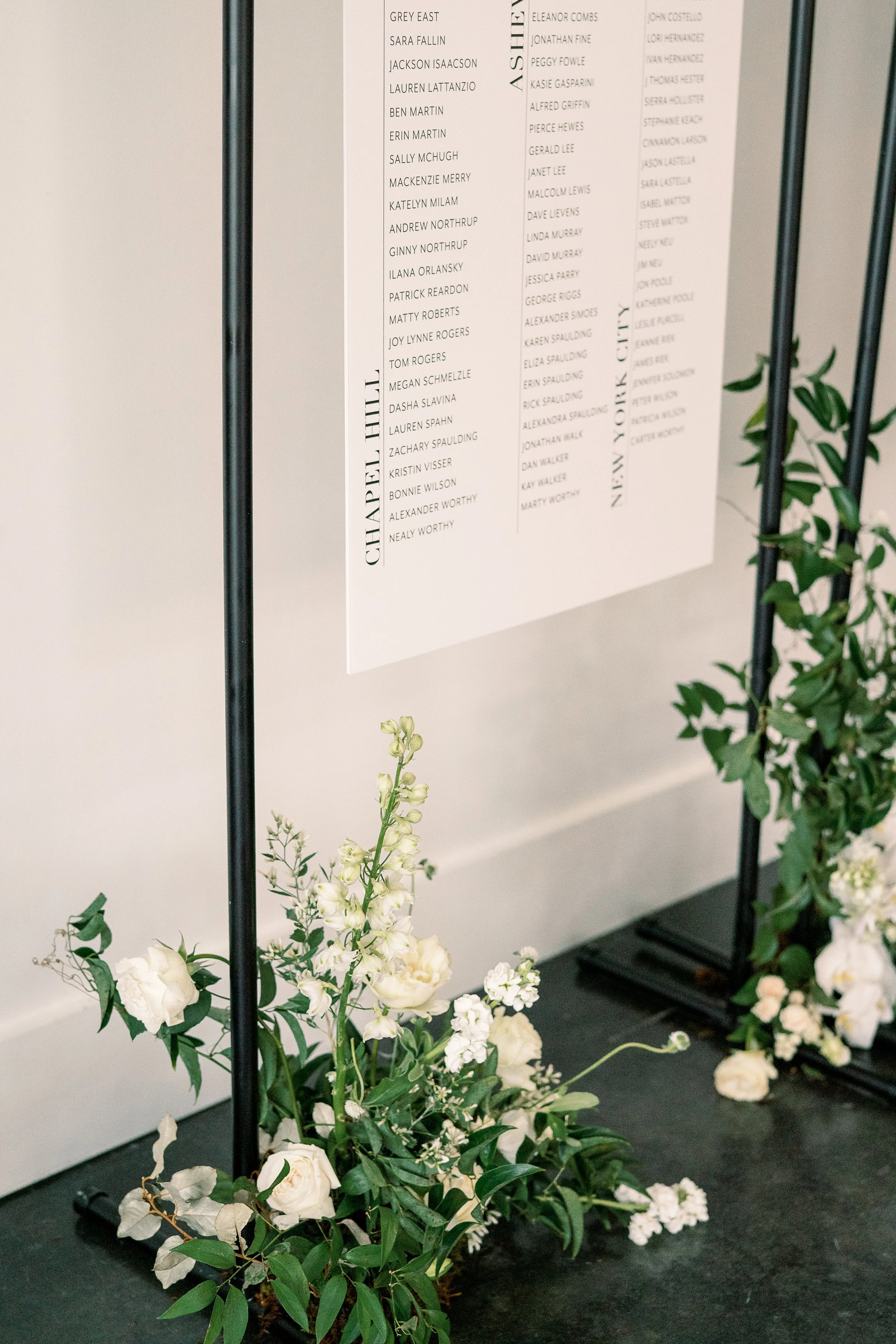 classic, modern, and chic wedding seating chart in Raleigh, North Carolina.