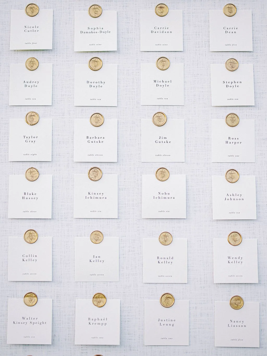custom seating chart display with wax seat at Airlie Gardens in wilmington North Carolina for cocktail hour