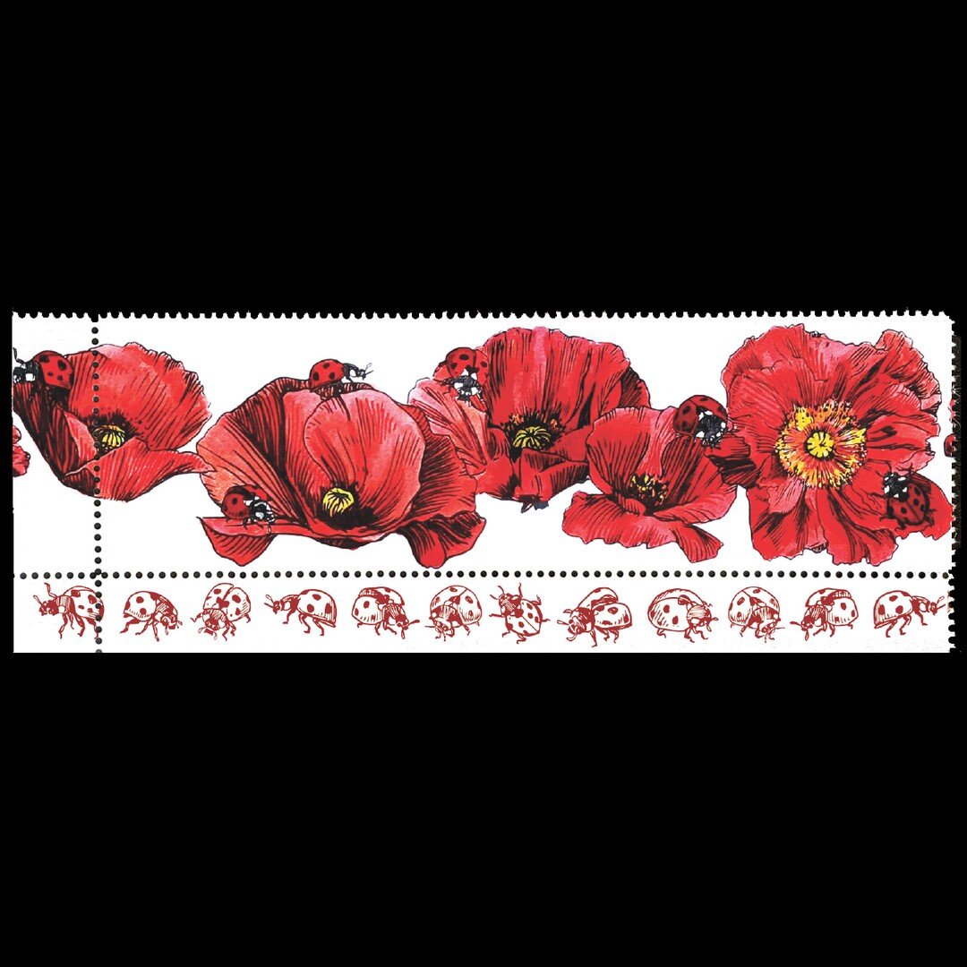 Name: Ladybug Boogie at the Poppy Club

Date of Issue: July 11, 2022

Method: ink; colored pencil; digital

Medium: white paper; color laser printing

Dimensions: 1.5&quot; X 5&quot;; selvage 0.5&quot; | Perf 11&frac12;

#SelvageArchive
#Artistamp
#F