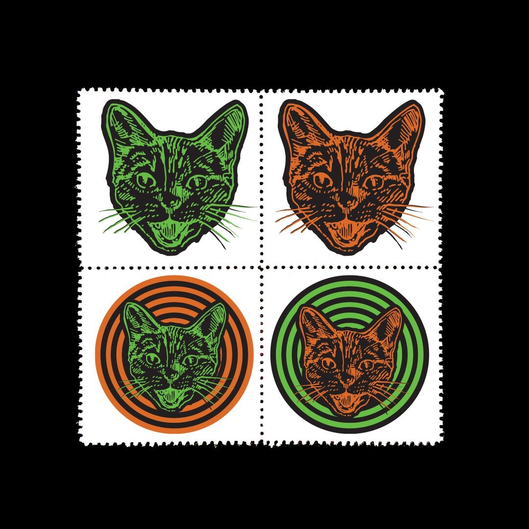 Name: Meowloween

Date of Issue: October 07, 2022

Method: ink, digital

Medium: white paper; color laser printing

Dimensions: 3&quot; X 3&quot;; block of 4 | Perf 11&frac12;

#SelvageArchive
#Artistamp
#FauxPostage
#Fauxstage
#CinderellaStamp
#PetP