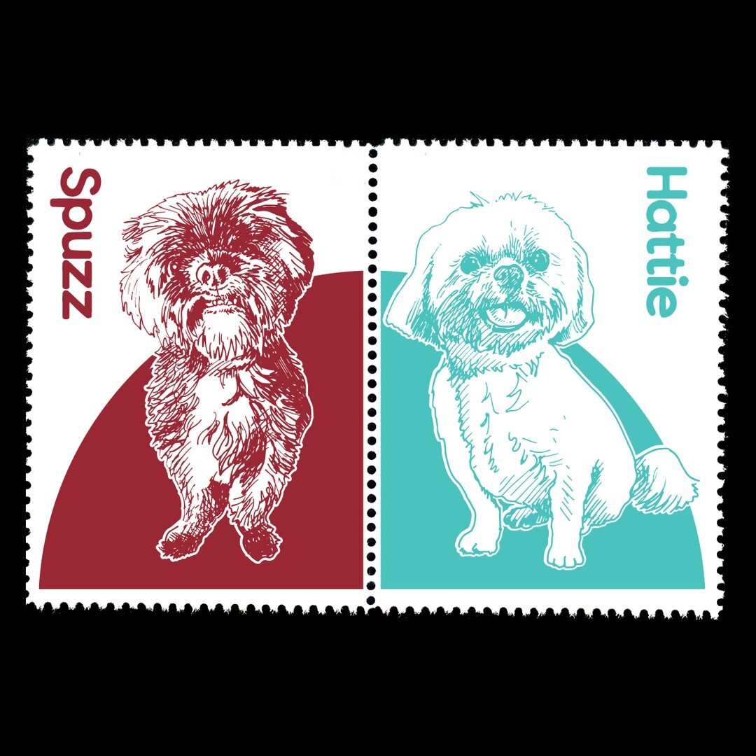 Name: Spuzz &amp; Hattie

Date of Issue: November 04, 2022

Method: ink, digital

Medium: white paper; color laser printing

Dimensions: 1.5&quot; X 3&quot;; setenant | Perf 11&frac12;

#SelvageArchive
#Artistamp
#FauxPostage
#Fauxstage
#CinderellaSt