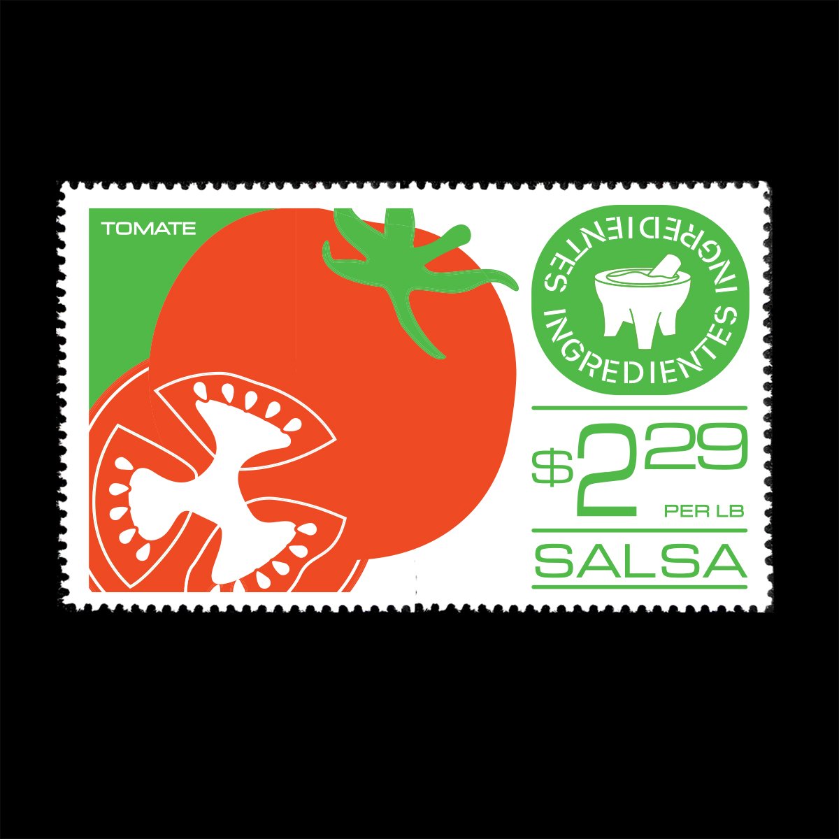 Name: Salsa

Date of Issue: August 17, 2025

Method: digital

Medium: white paper; color laser printing

Dimensions: 1.5" X 2.5" | Perf 11&frac12;

#SelvageArchive
#Artistamp
#FauxPostage
#Fauxstage
#CinderellaStamp
#Salsa
#Tomate
#Tomato
#
