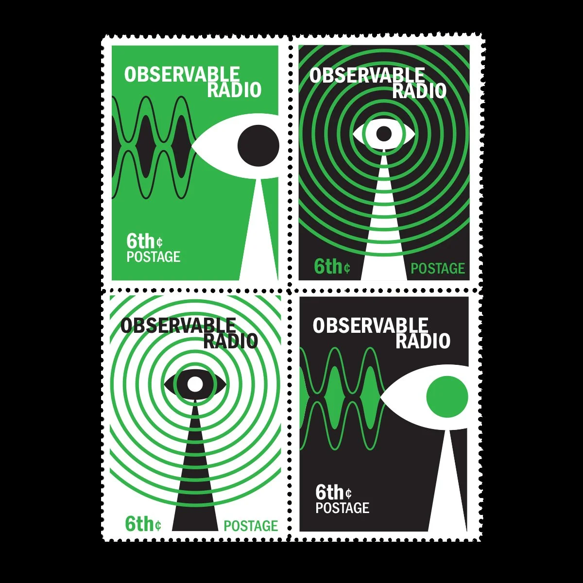 Name: Observable Radio

Date of Issue: October 08, 2025

Method: digital

Medium: white paper; color laser printing

Dimensions: 4" X 3"; block of 4 | single 2" X 1.5" | Perf 11&frac12;

#SelvageArchive
#Artistamp
#FauxPostage
#Fa