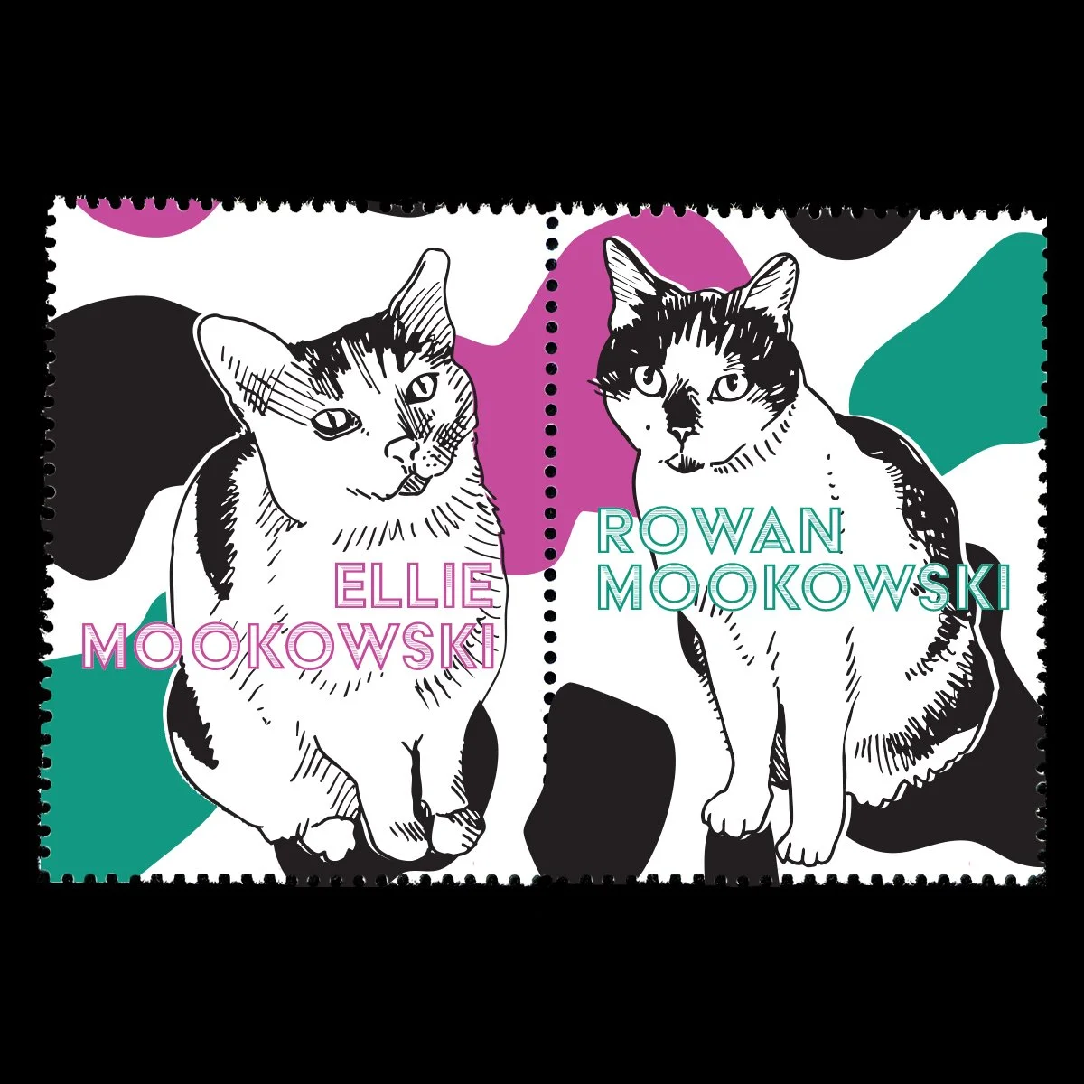 Name: The Mookowski

Date of Issue: November 04, 2025

Method: ink, digital

Medium: white paper; color laser printing

Dimensions: 1.5" X 3"; setenant | Perf 11&frac12;

#SelvageArchive
#Artistamp
#FauxPostage
#Fauxstage
#CinderellaStamp
#